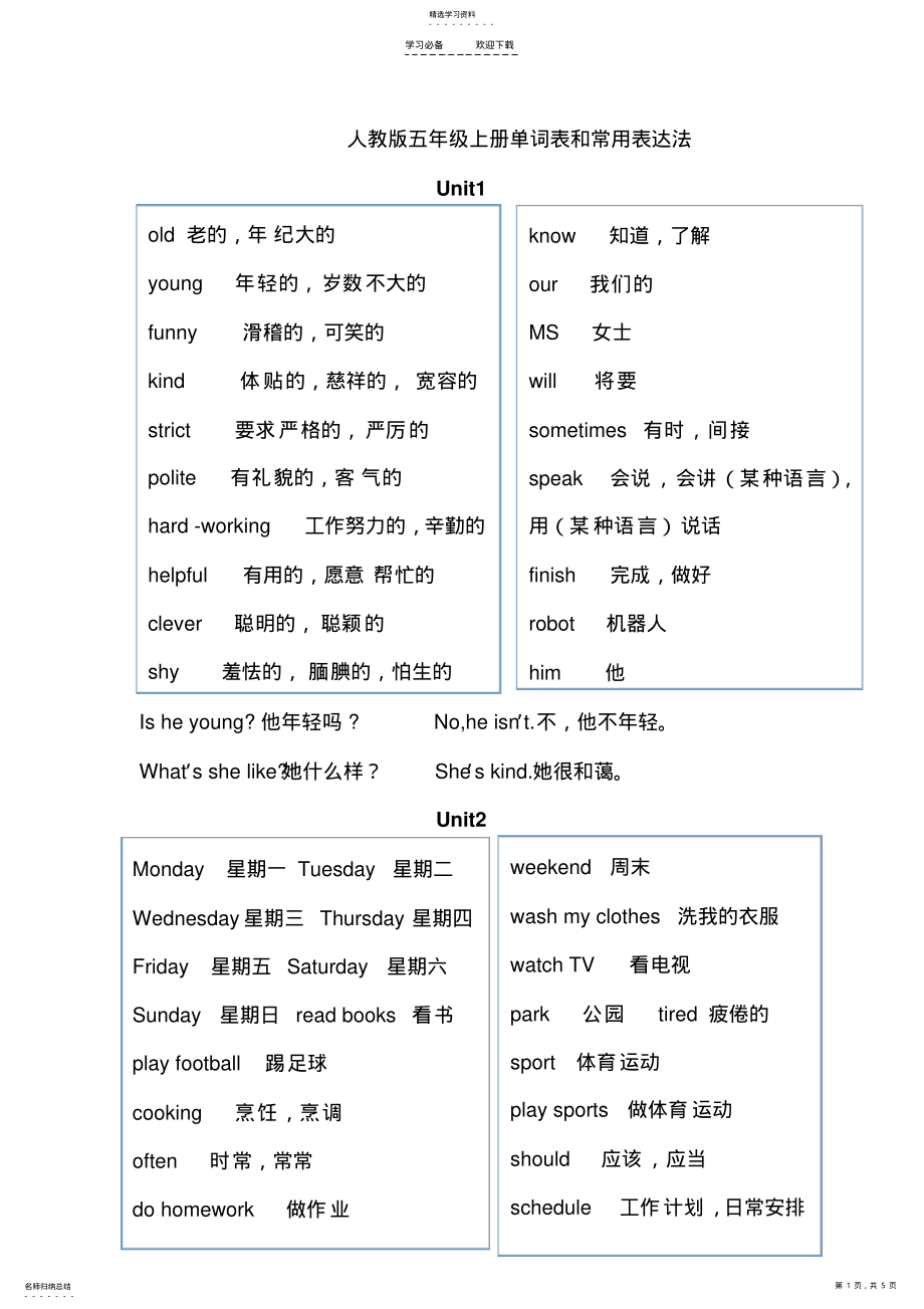 2022年新人教版五年级英语上册单词表 .pdf_第1页