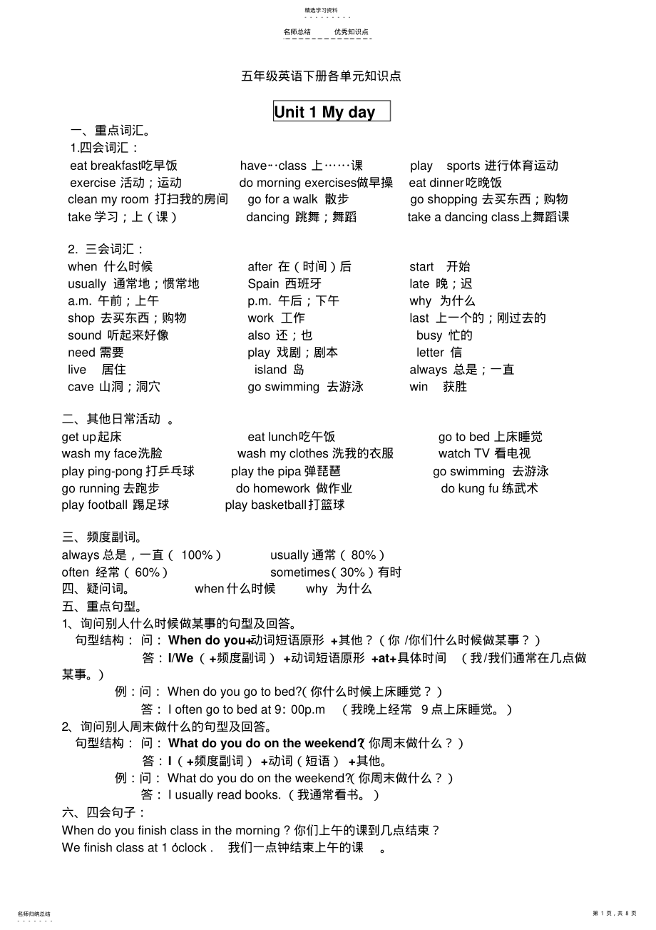 2022年新版五年级英语下册单元知识点 .pdf_第1页