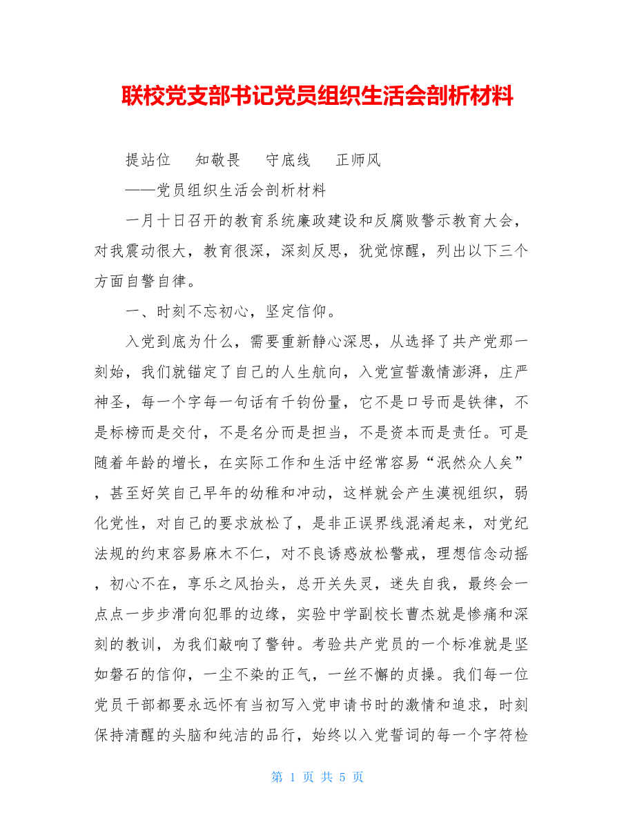 联校党支部书记党员组织生活会剖析材料.doc_第1页