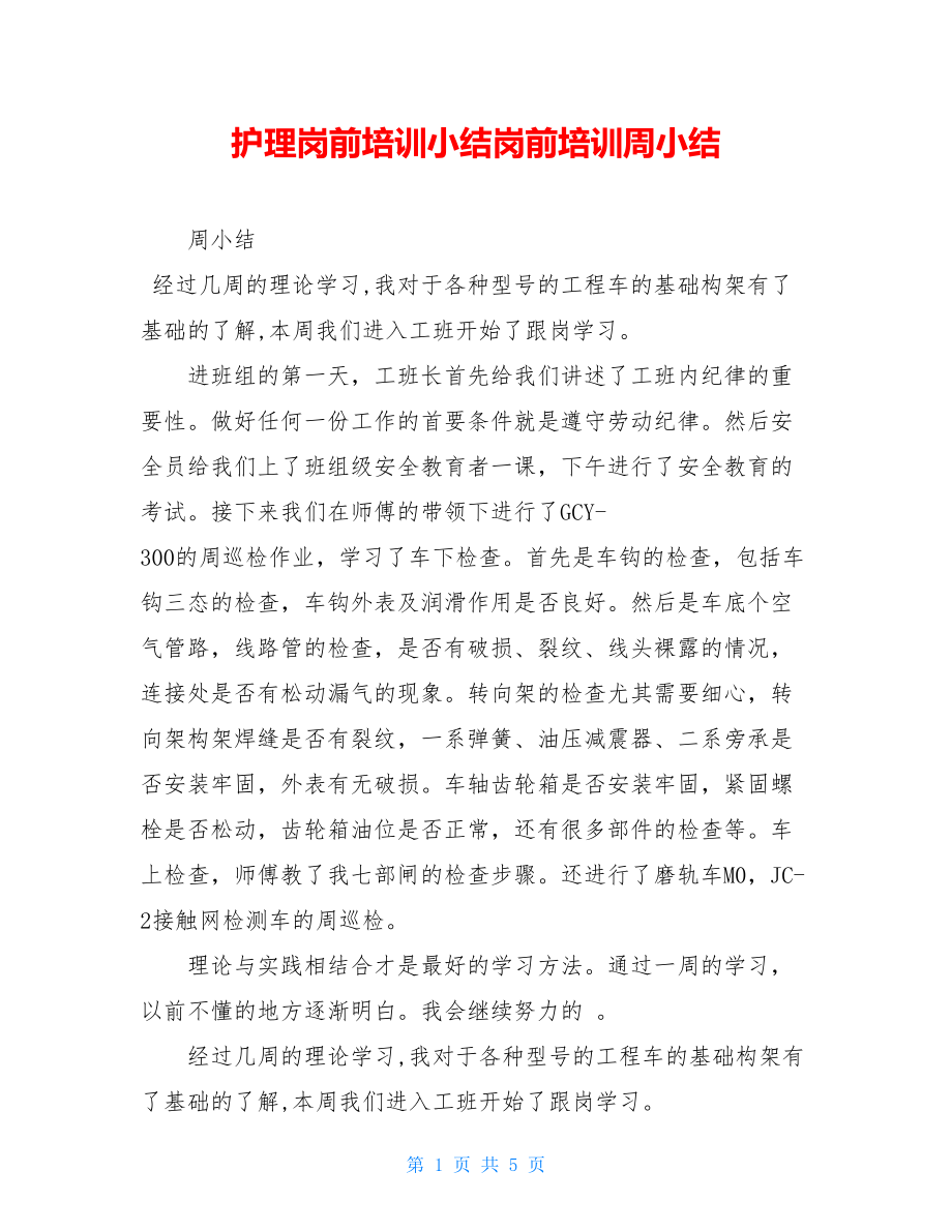 护理岗前培训小结岗前培训周小结.doc_第1页