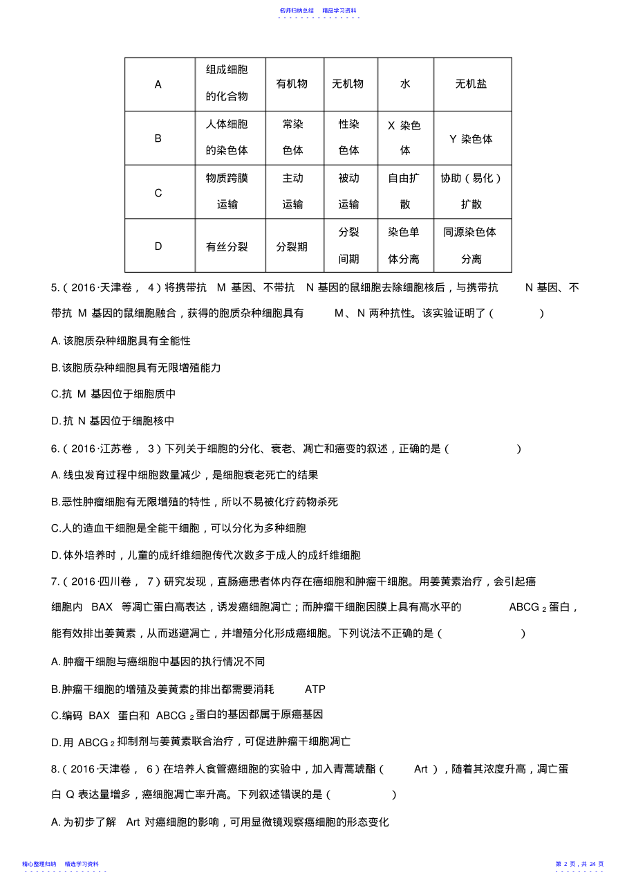 2022年2021版生物三年高考两年模拟专题细胞的增殖分化衰老凋亡和癌变 .pdf_第2页