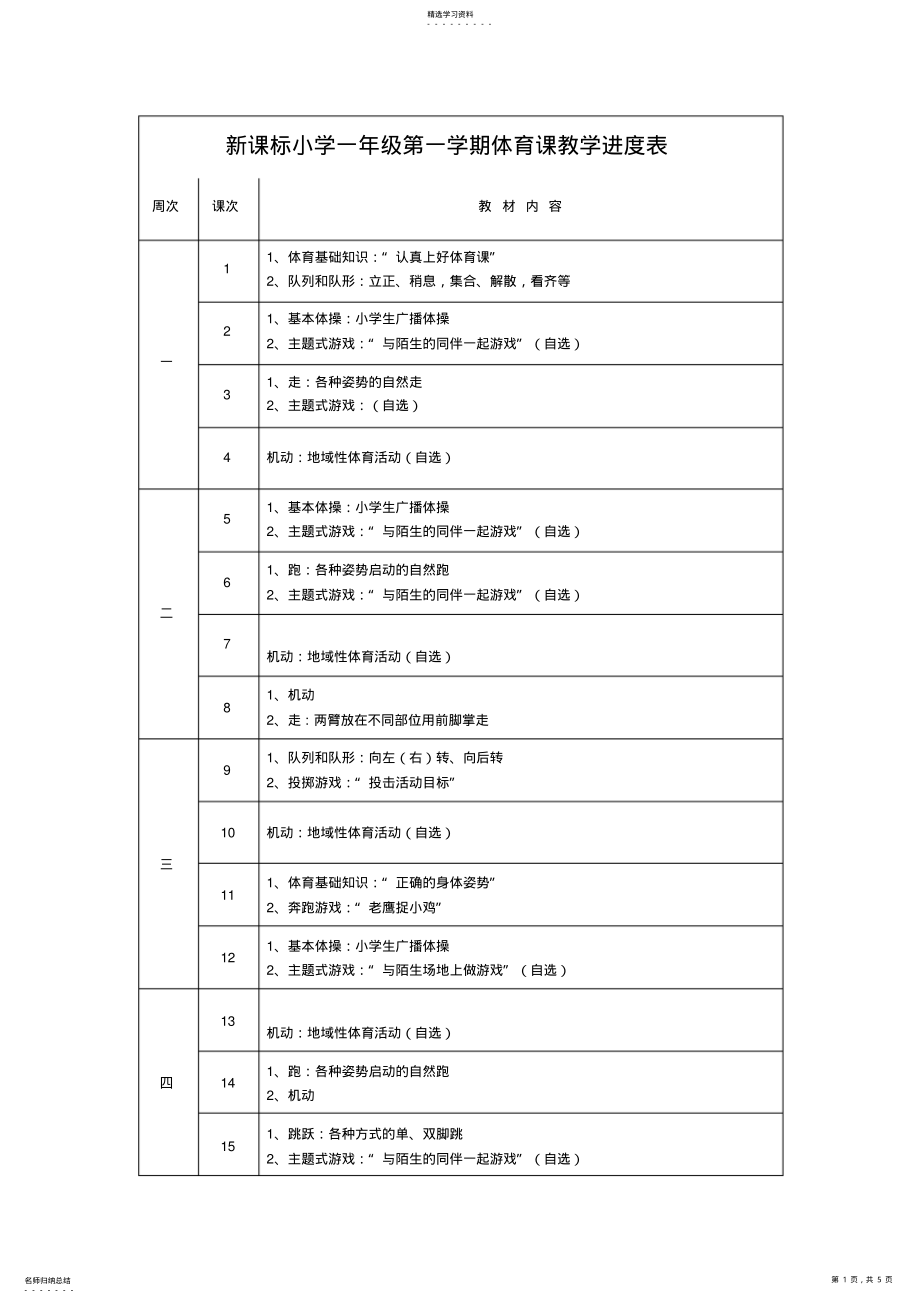 2022年新课标小学一年级第一学期体育课教学进度表 .pdf_第1页