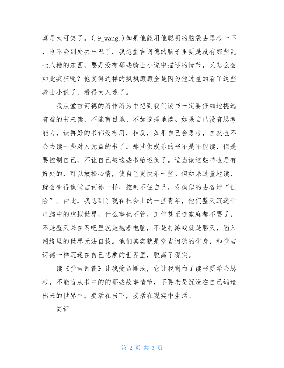 读堂吉诃德有感读堂吉诃德有感1000字.doc_第2页