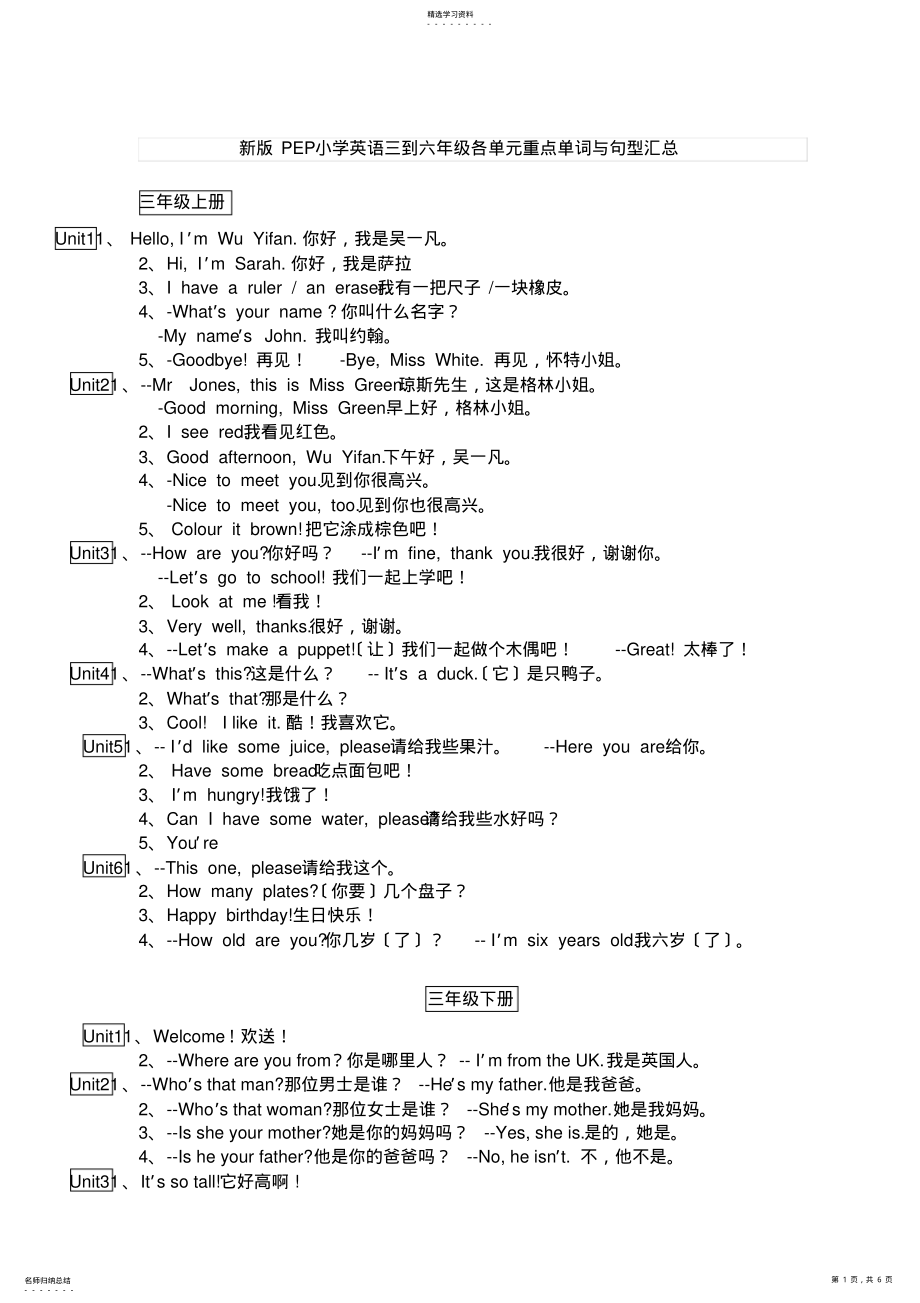 2022年新版PEP小学英语三到六年级各单元重点单词与句型汇总 2.pdf_第1页