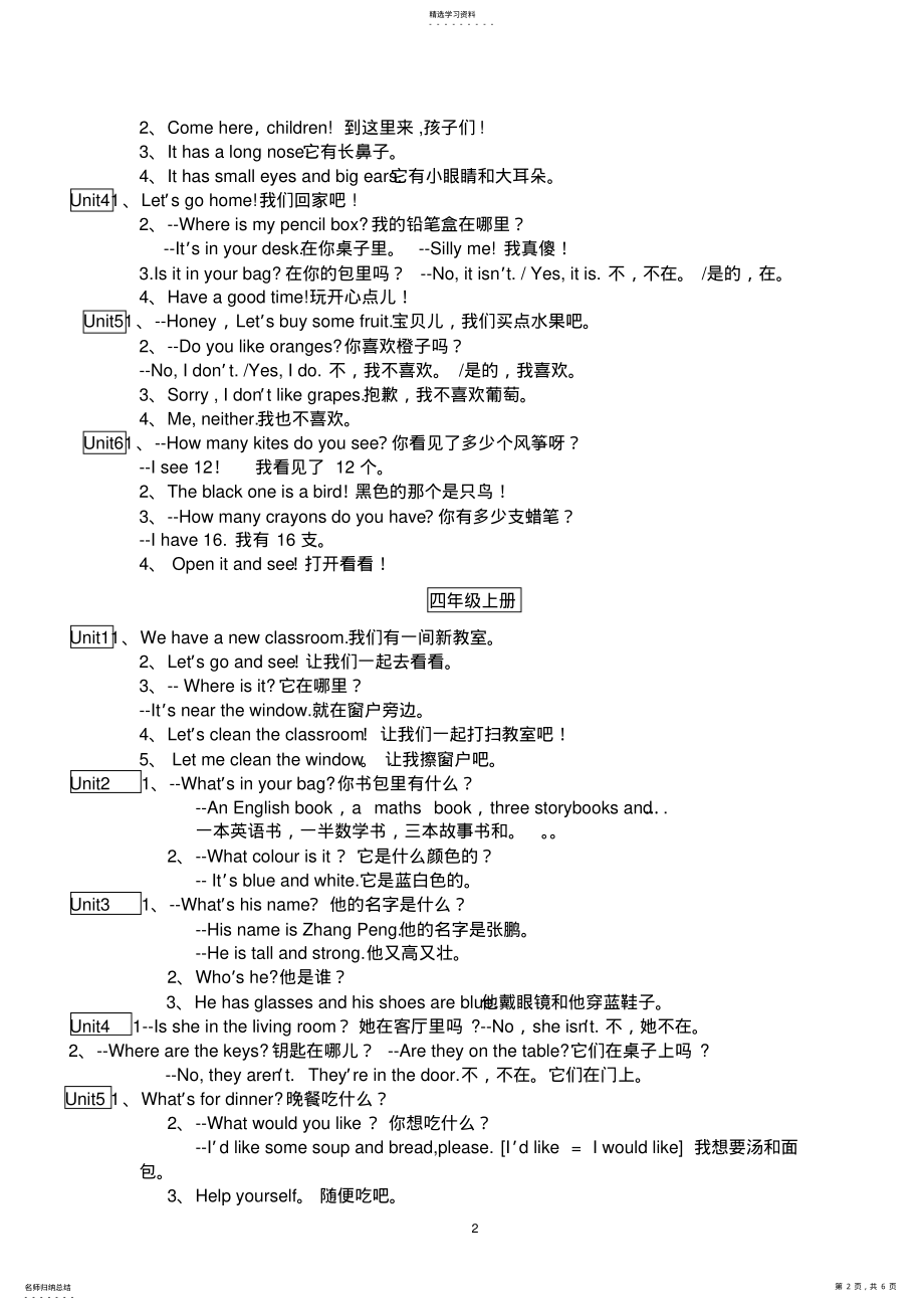 2022年新版PEP小学英语三到六年级各单元重点单词与句型汇总 2.pdf_第2页