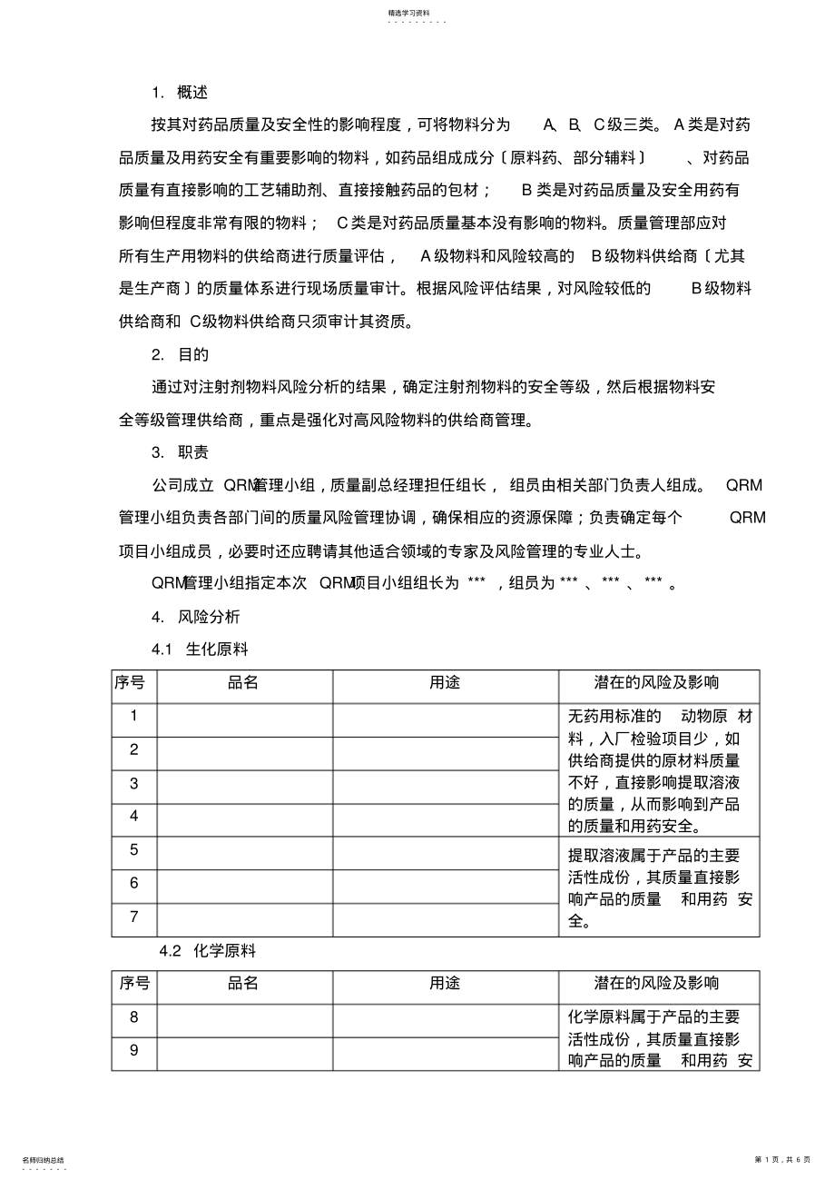 2022年新版GMP注射剂物料安全等级质量风险管理文件 .pdf_第1页