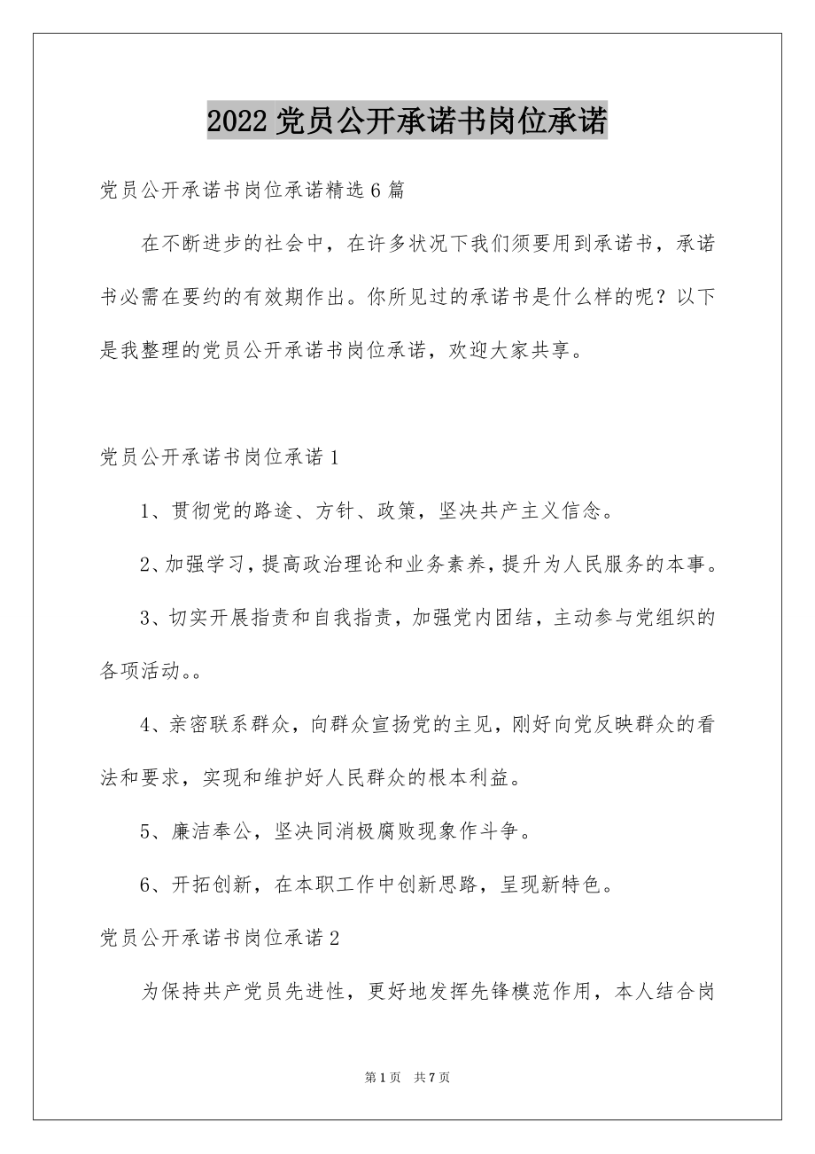 2022党员公开承诺书岗位承诺例文.docx_第1页