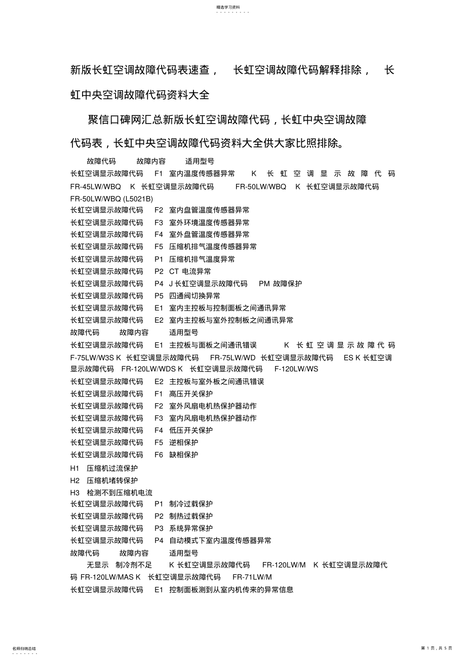 2022年新版长虹空调故障代码表速查-长虹空调故障代码解释排除-长虹中央空调故障代码资料大全 .pdf_第1页