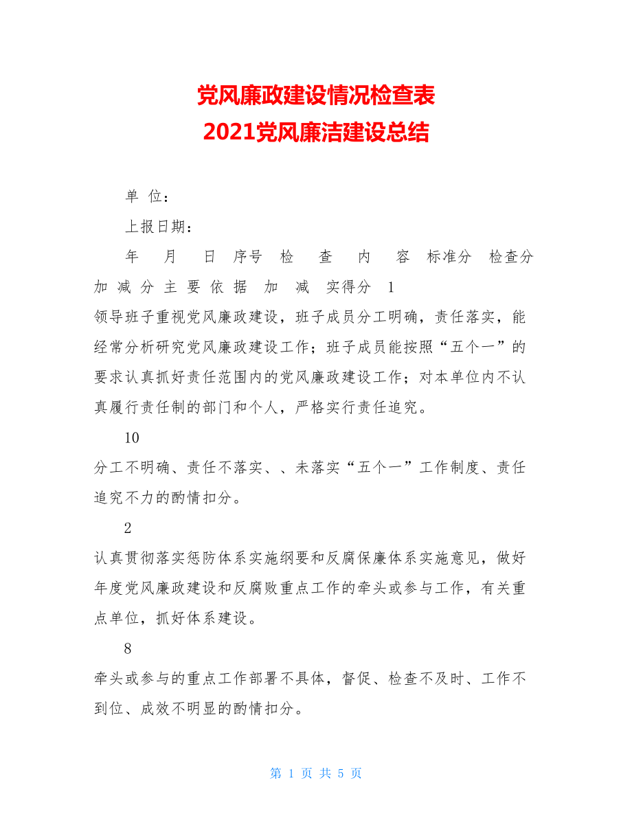 党风廉政建设情况检查表 2021党风廉洁建设总结.doc_第1页