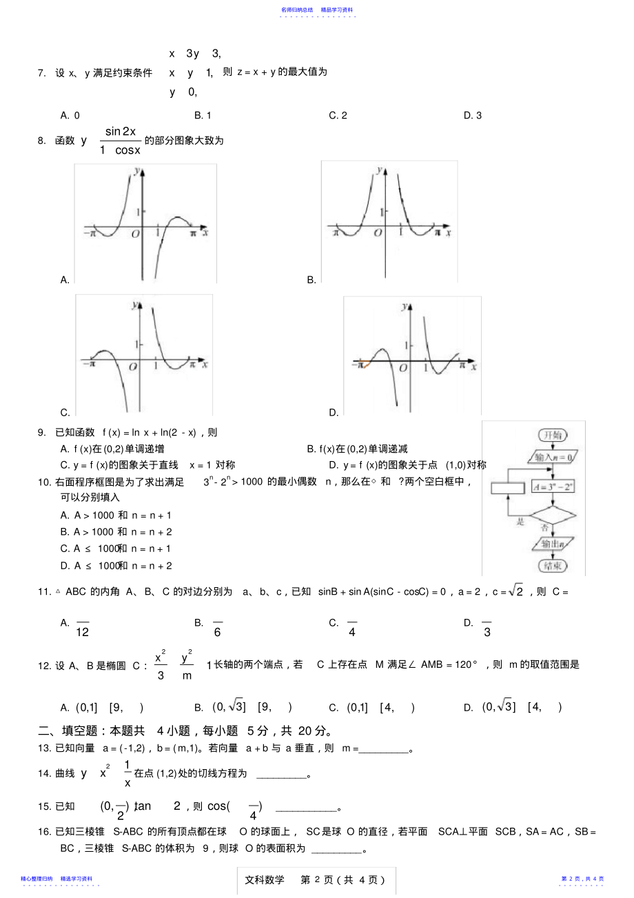 2022年2021年高考全国一卷文科数学试卷 .pdf_第2页