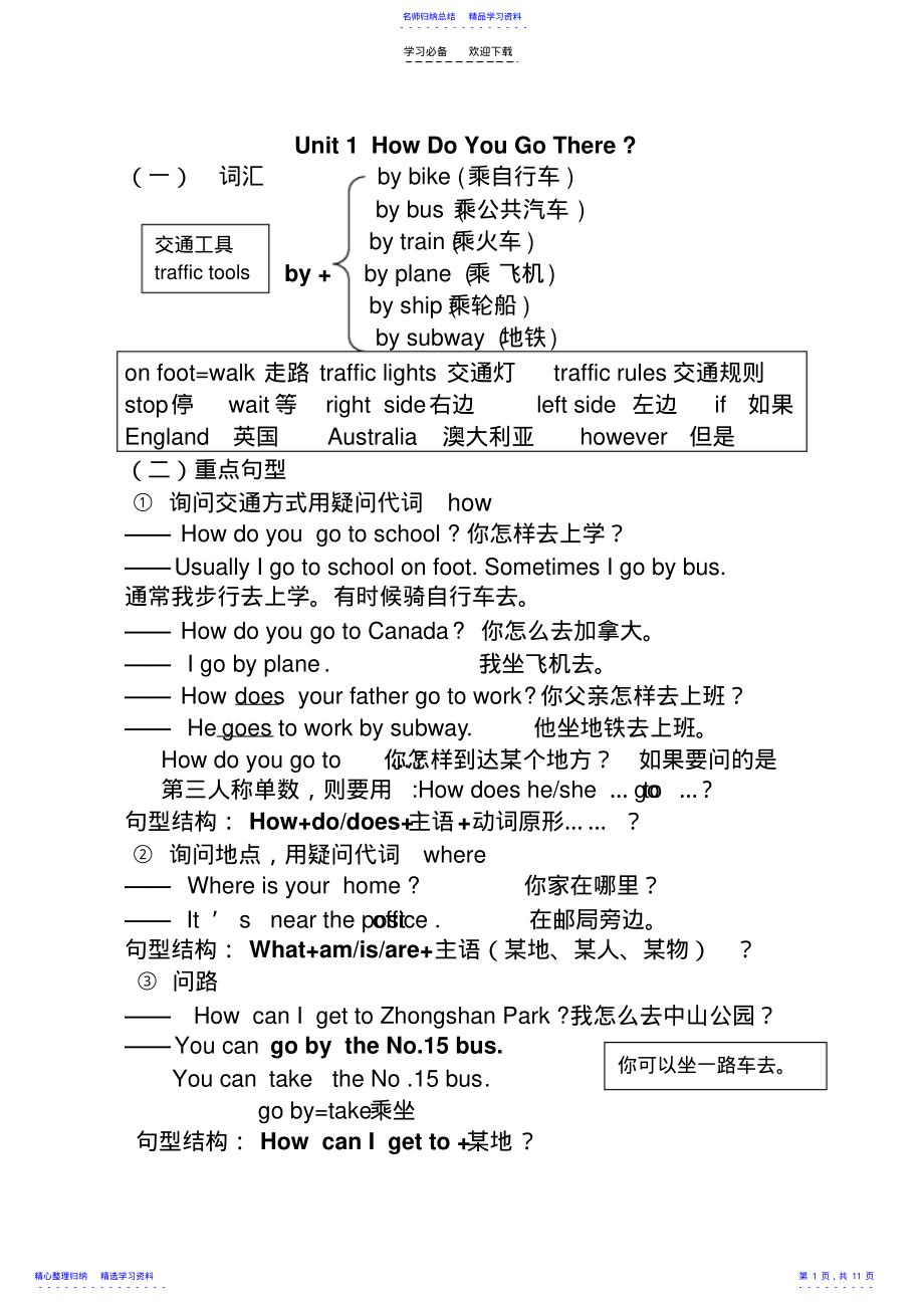 2022年pep版六年级上册课文语法知识总结 .pdf_第1页