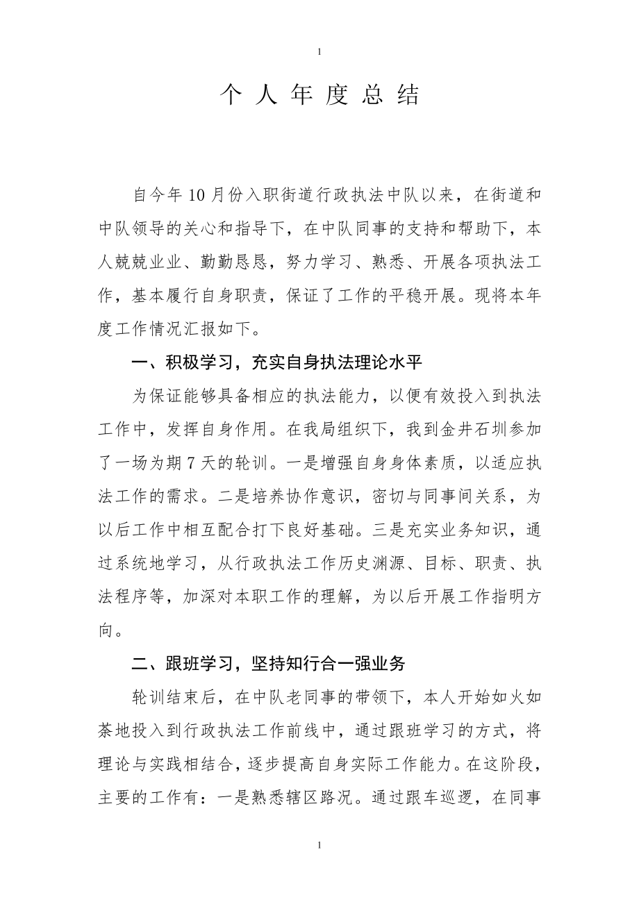 企业年度回顾报告岗位部门公司汇报资料 行政执法个人年度总结.doc_第1页