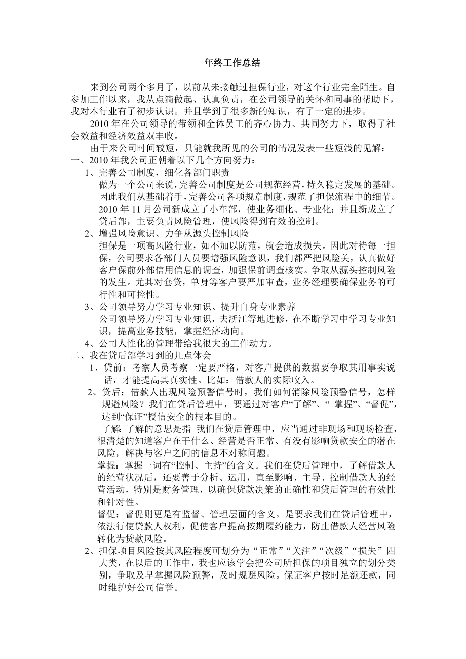 企业年度回顾报告岗位部门公司汇报资料 担保公司年终工作总结.doc_第1页