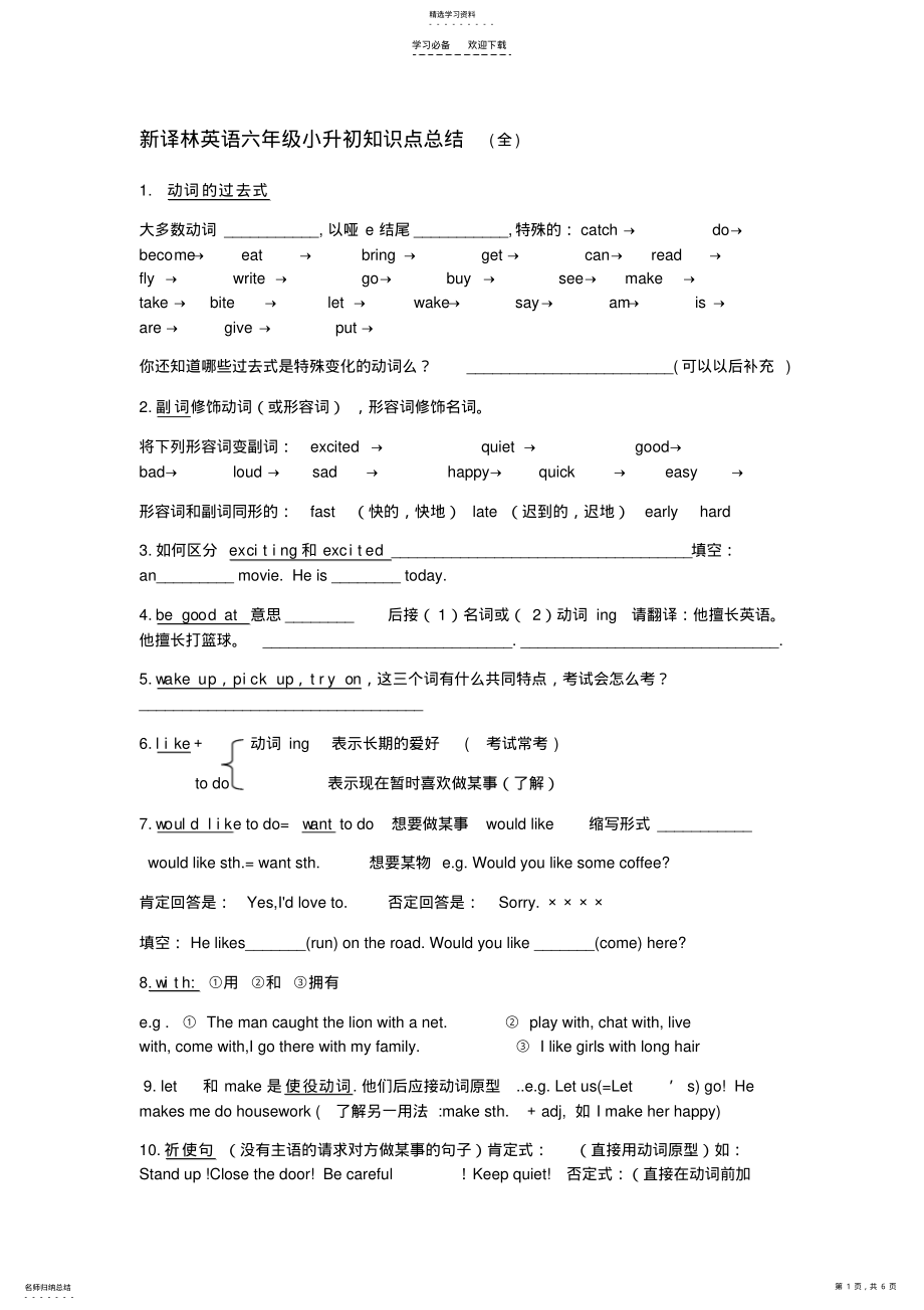 2022年新译林版英语六年级下小升初知识点总结 .pdf_第1页