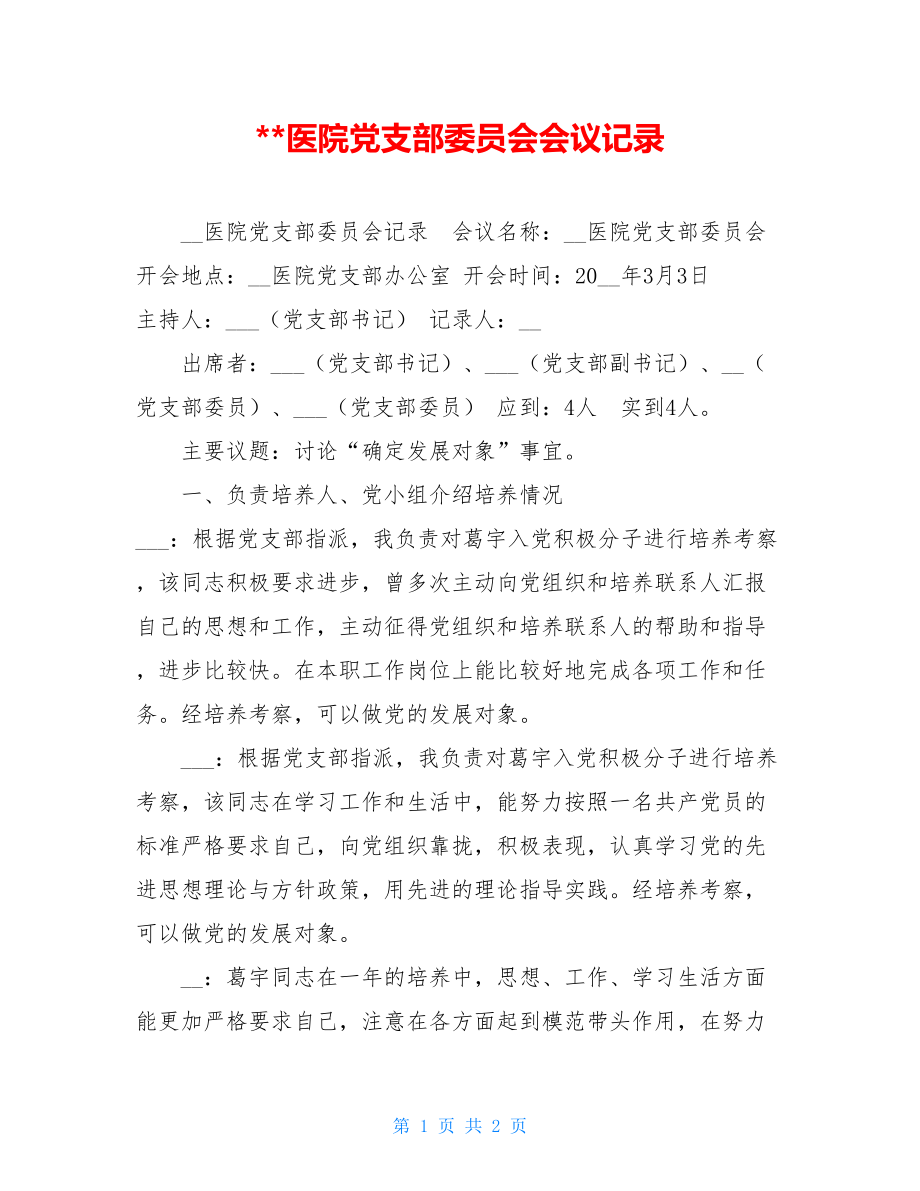 医院党支部委员会会议记录 .doc_第1页