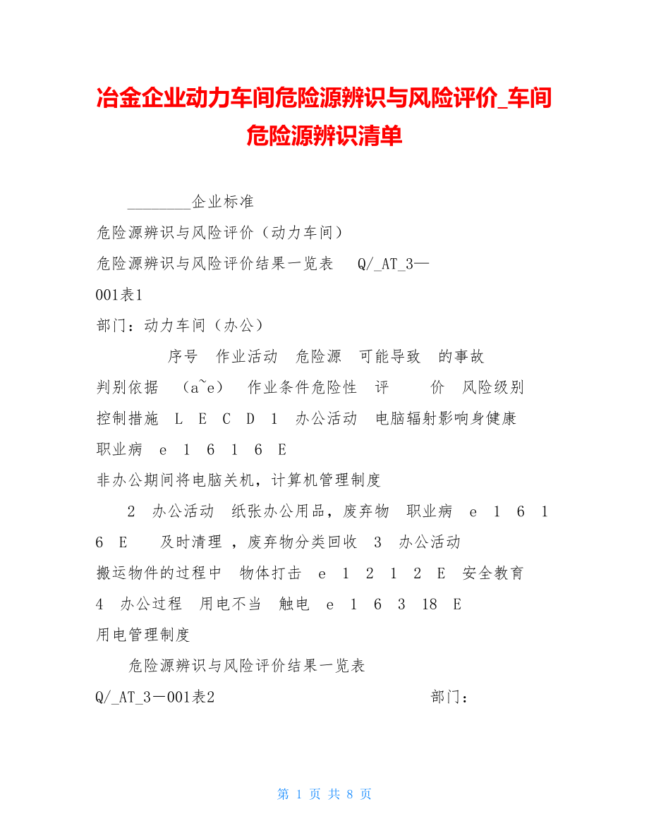 冶金企业动力车间危险源辨识与风险评价车间危险源辨识清单.doc_第1页