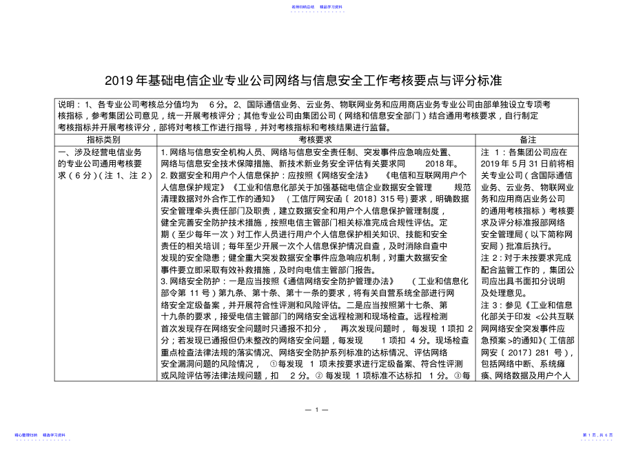 2022年2021年基础电信企业专业公司网络与信息安全工作考核要点与评分标准 .pdf_第1页