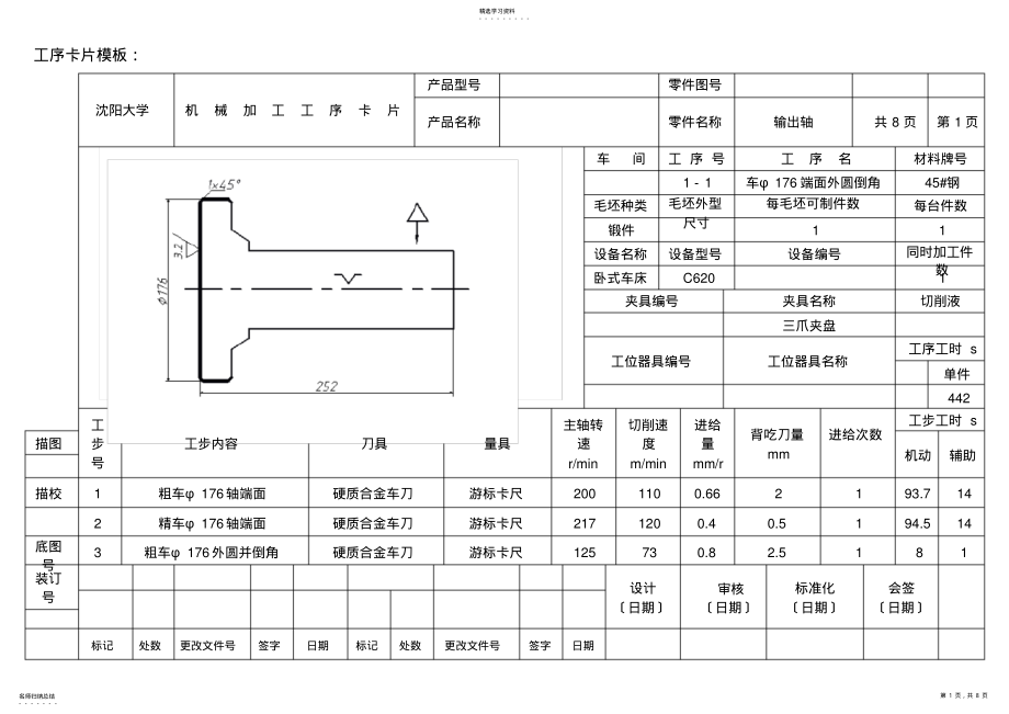 2022年输出轴加工工序卡片 .pdf_第1页