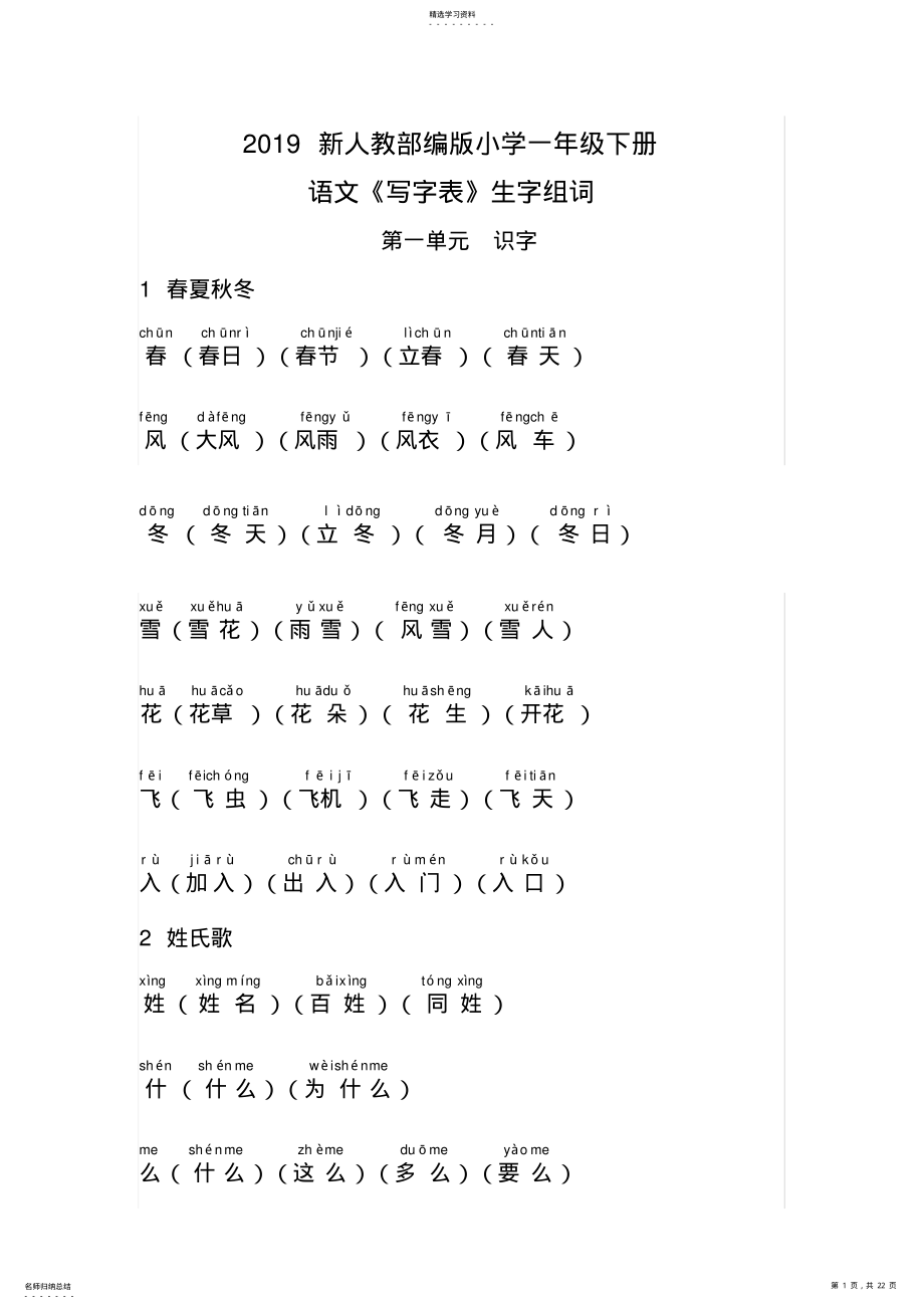 2022年部编版一年级下册语文《写字表》生字组词带拼音2 .pdf_第1页