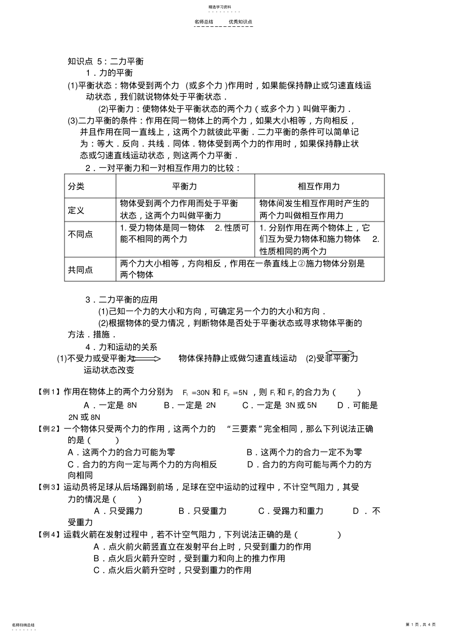 2022年初二物理二力平衡专题讲解知识点总结 .pdf_第1页