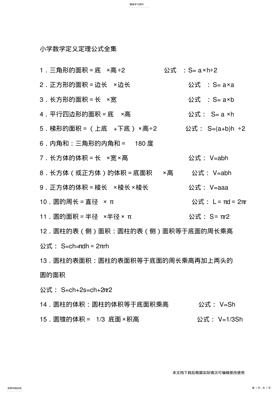 2022年苏教版小学数学定理公式大全_共7页 .pdf_第1页