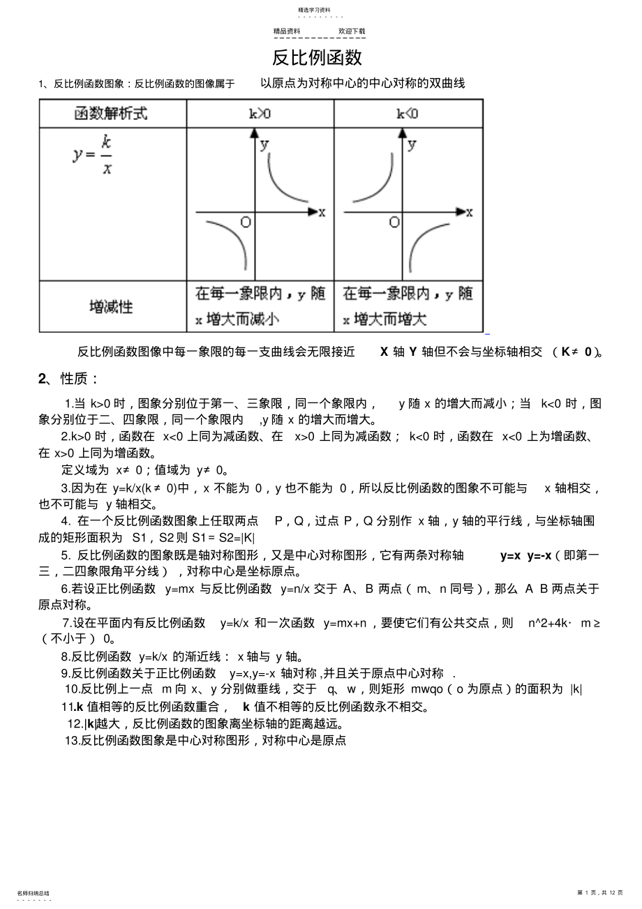 2022年反比例函数一次函数二次函数性质及图像 .pdf_第1页