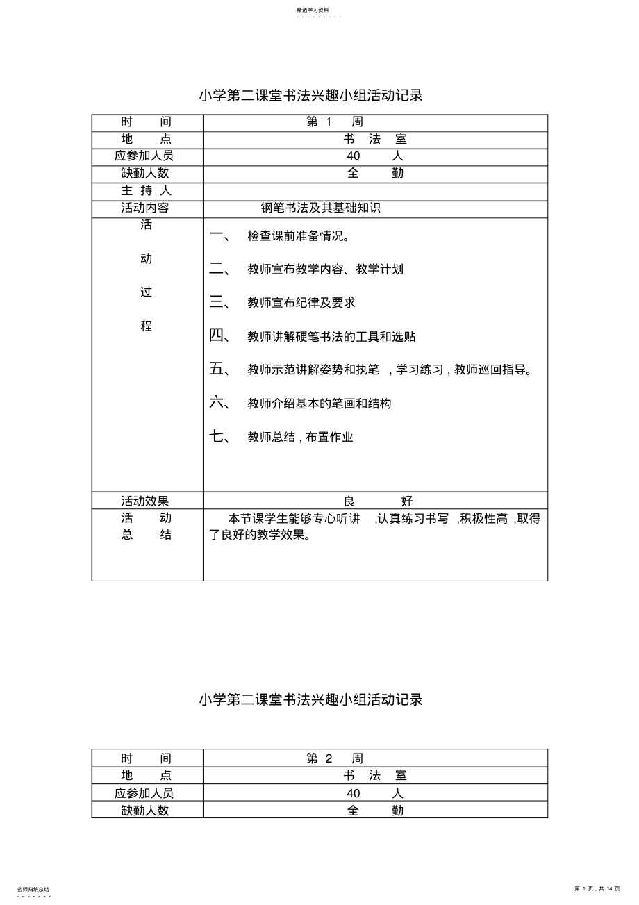 2022年小学第二课堂书法兴趣小组活动记录 .pdf_第1页