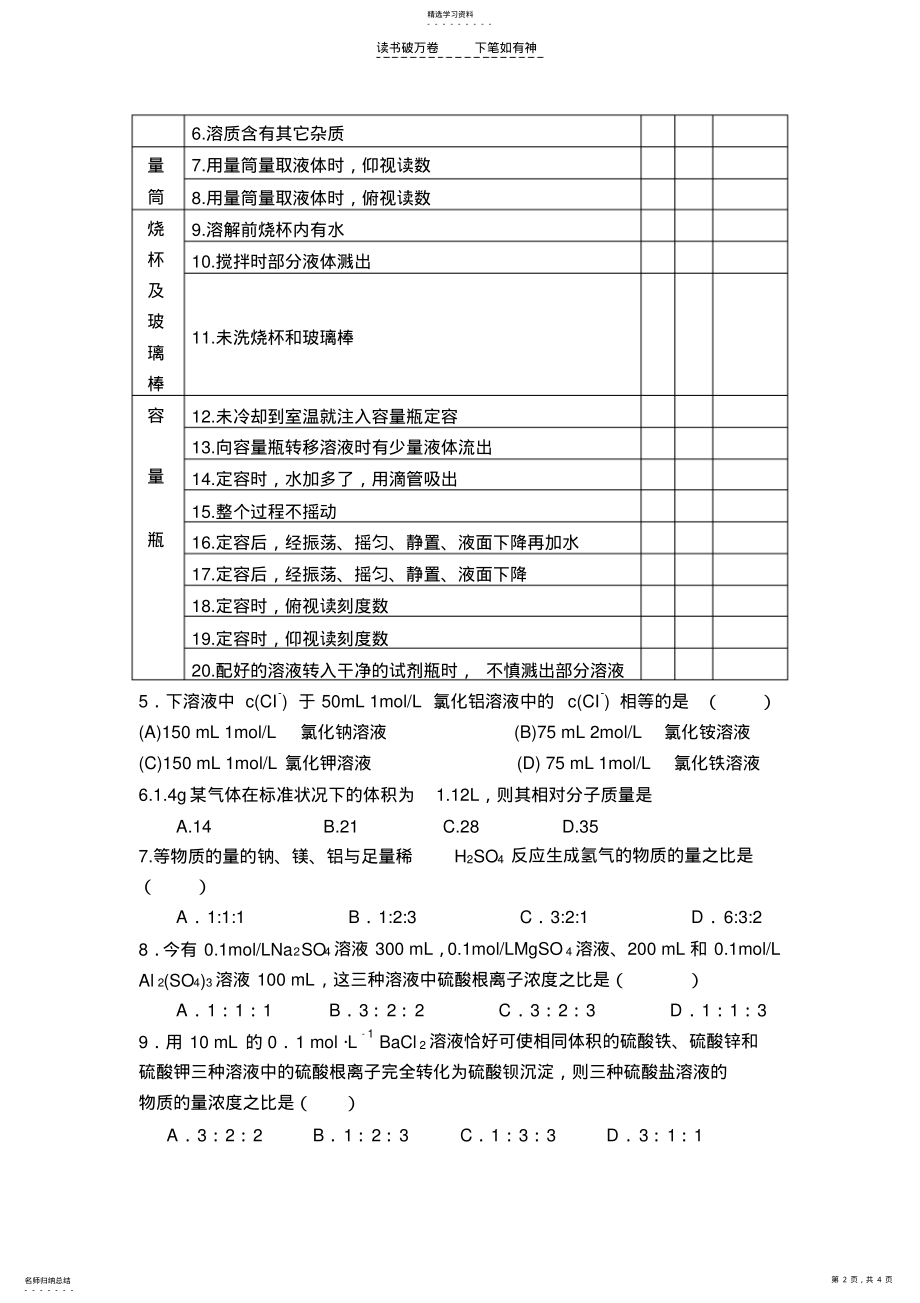 2022年高一化学必修一,物质的量,浓度,溶液配制及计算部分经典题型及答案 .pdf_第2页