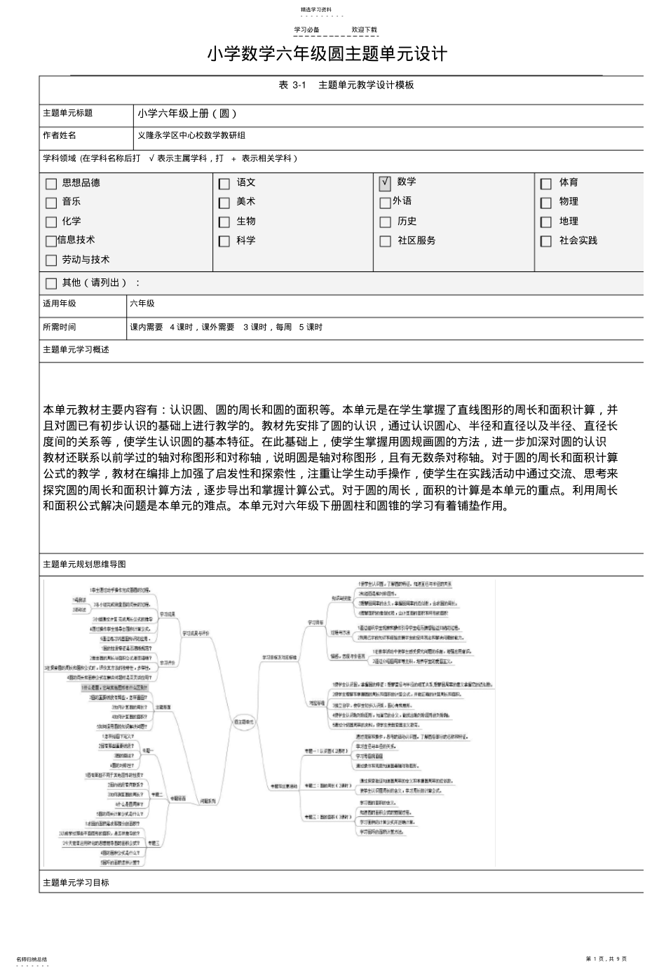 2022年小学数学六年级圆主题单元设计 .pdf_第1页