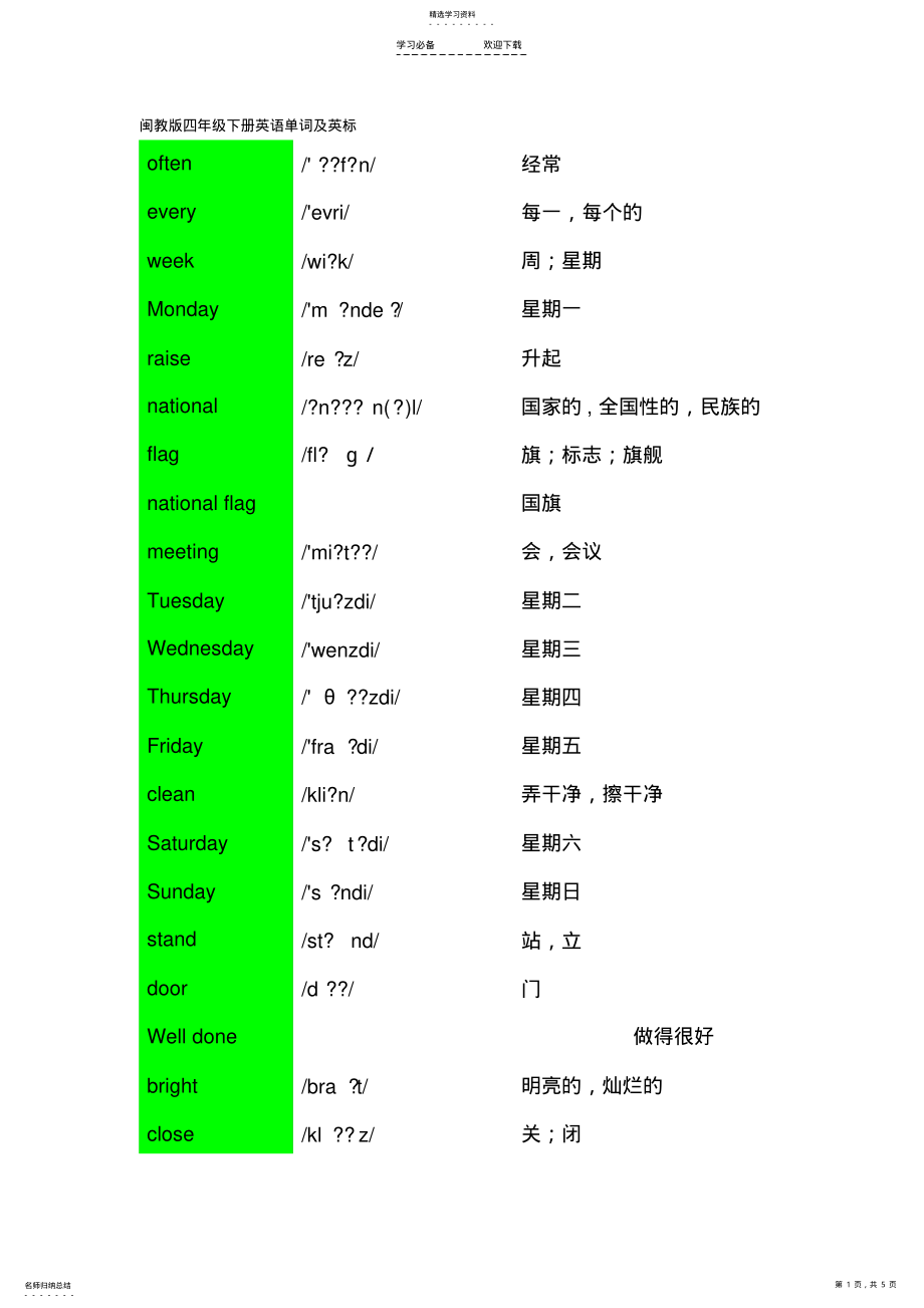 2022年闽教版四年级下册英语单词及英标 .pdf_第1页