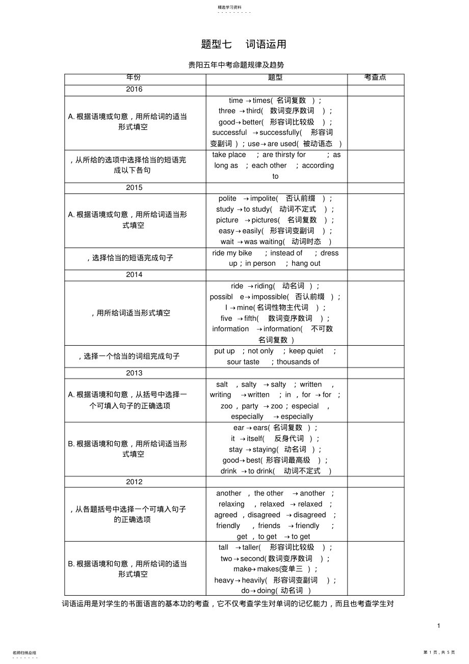 2022年贵阳专版2017中考英语命题研究第三部分中考题型攻略篇题型7词语运用试题 .pdf_第1页