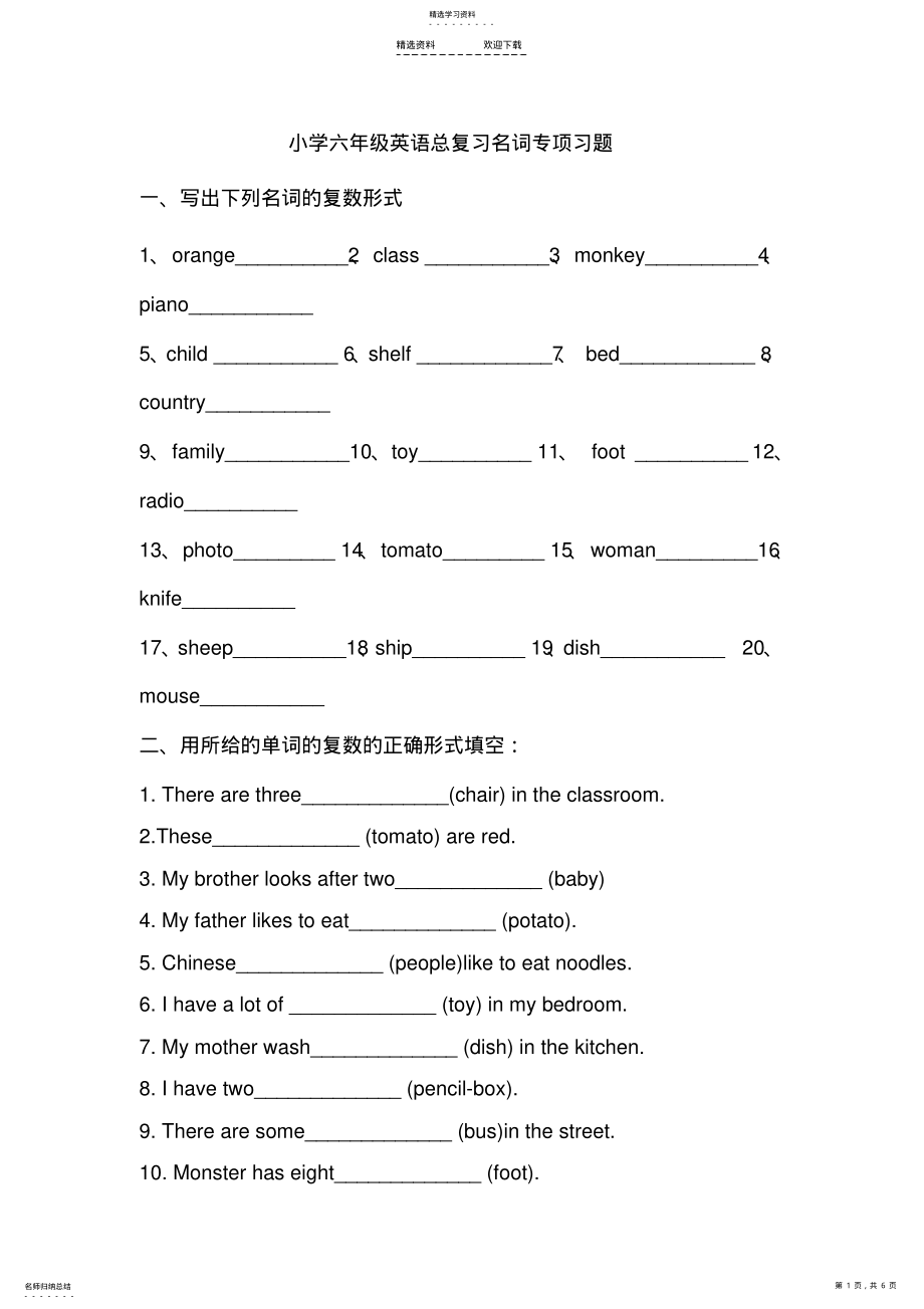 2022年小学六年级英语总复习名词专项习题 .pdf_第1页