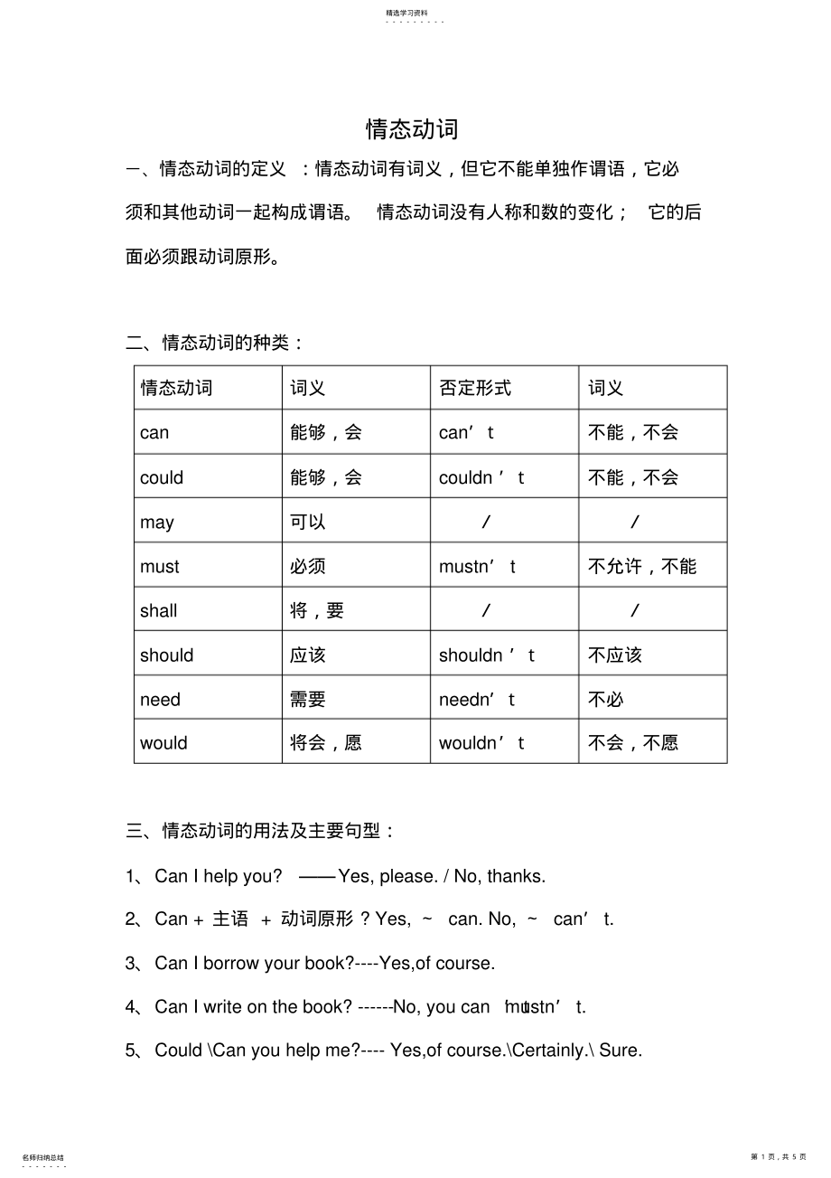 2022年初一情态动词的讲解与练习 .pdf_第1页