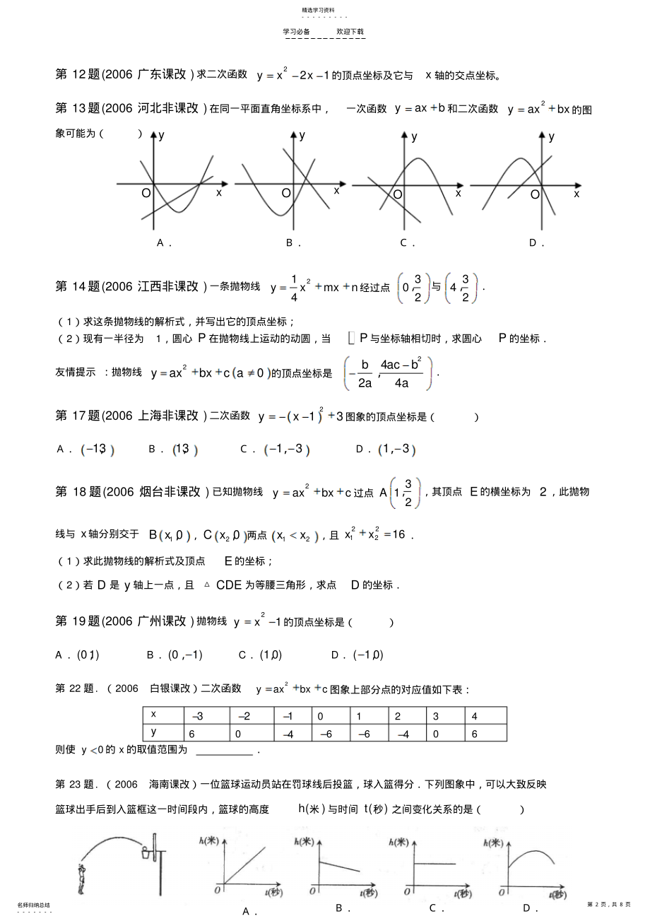 2022年初中数学二次函数中考题集锦 .pdf_第2页