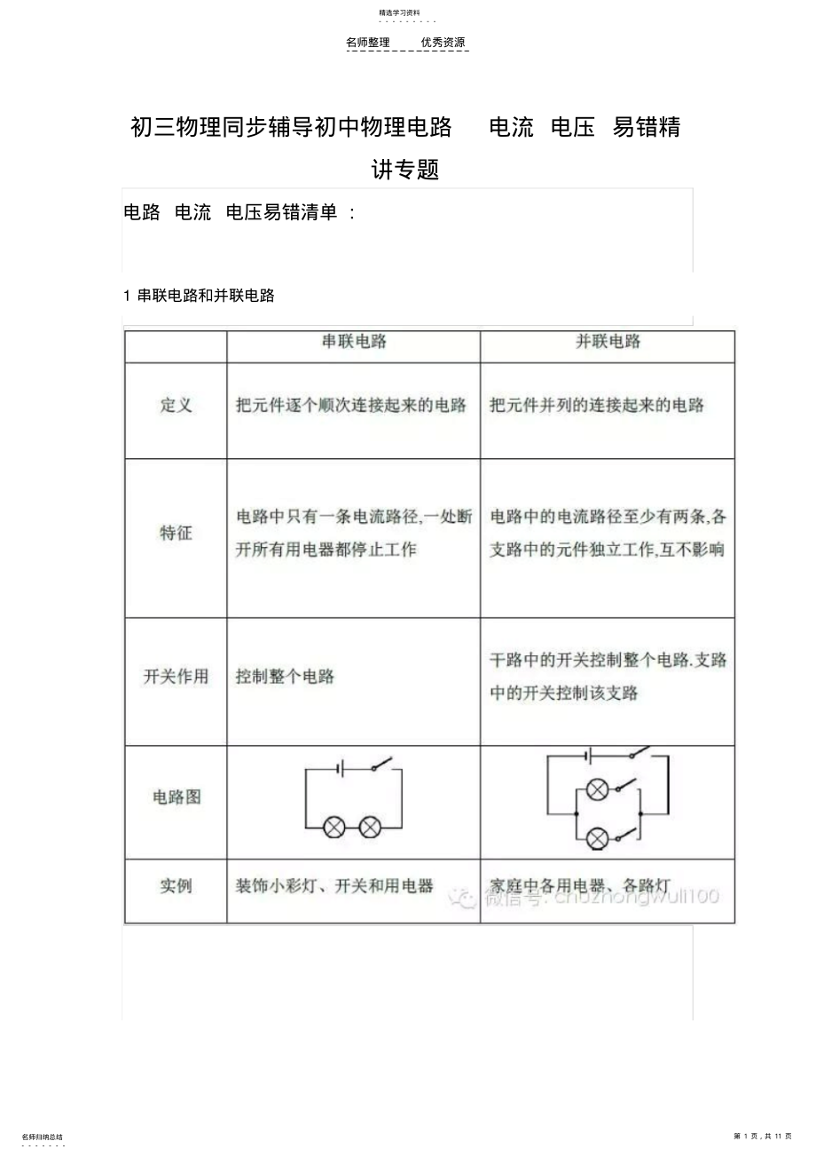 2022年初三物理同步辅导初中物理电路电流电压易错精讲专题,教师备课下载 .pdf_第1页