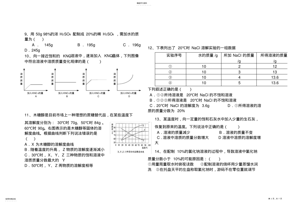 2022年完整word版,人教版初中化学第九单元溶液单元测试题及答案 .pdf_第2页