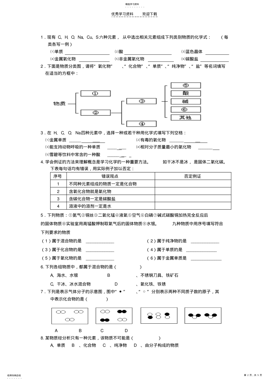 2022年初中化学物质分类练习题 .pdf_第2页