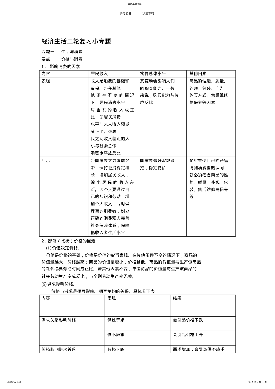 2022年经济生活二轮复习小专题专题一生活与消费 .pdf_第1页