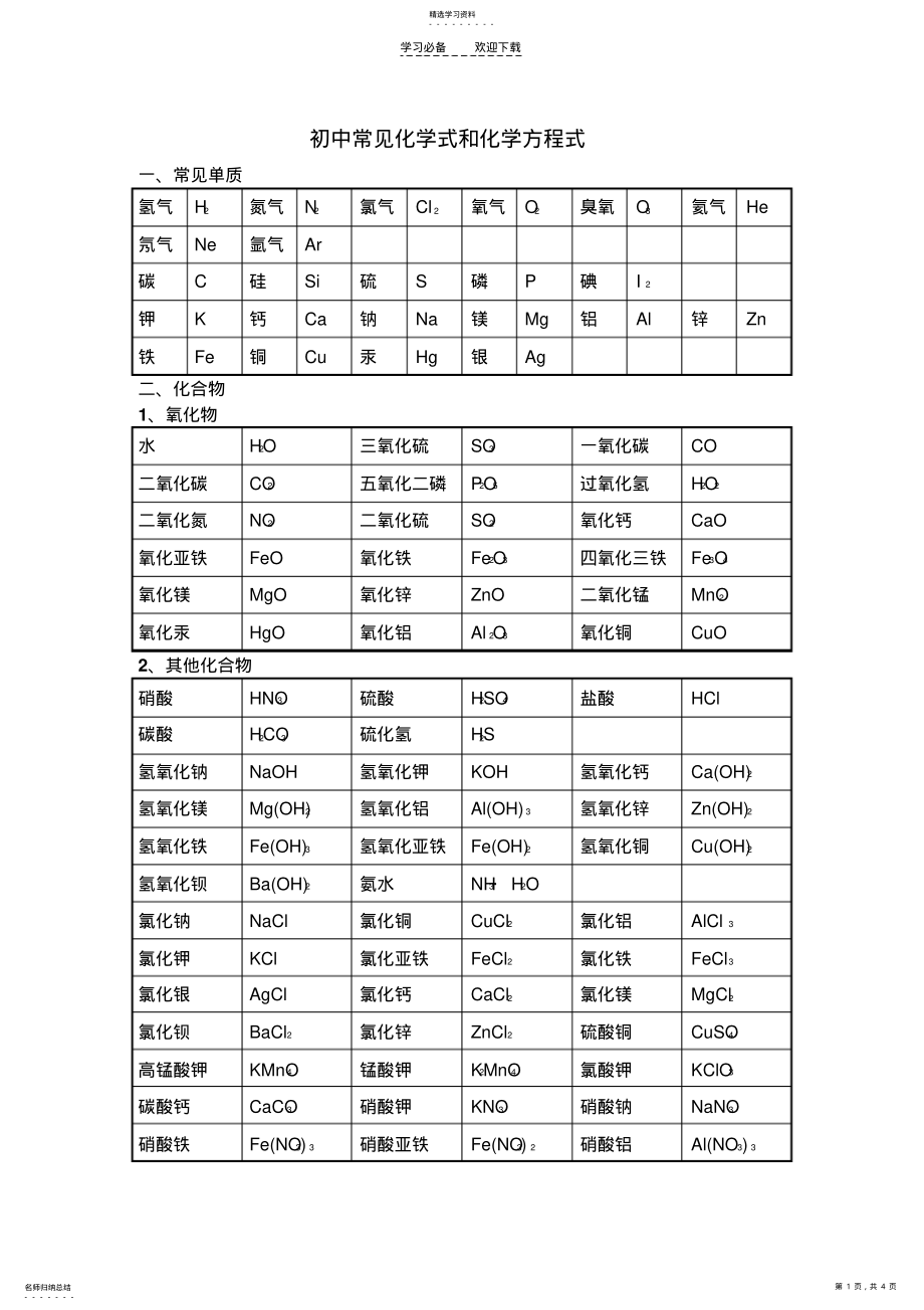 2022年初中常见化学式和化学方程式答案 .pdf_第1页