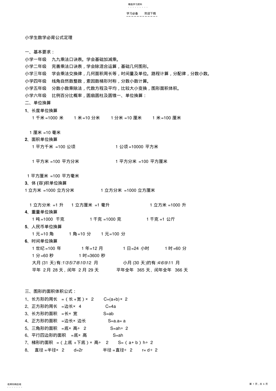 2022年小学生数学必背公式定理 .pdf_第1页