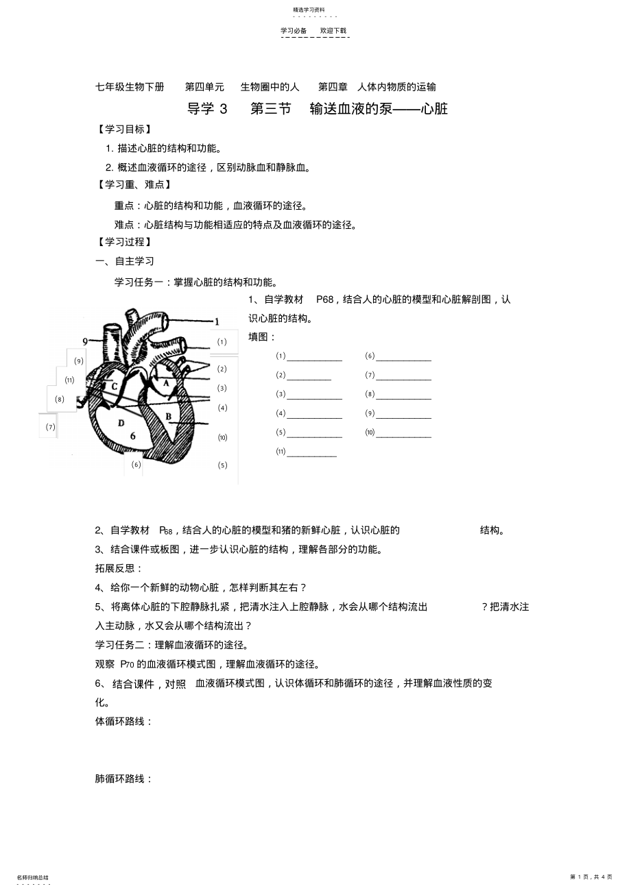 2022年导学案第三节输送血液的泵心脏 .pdf_第1页