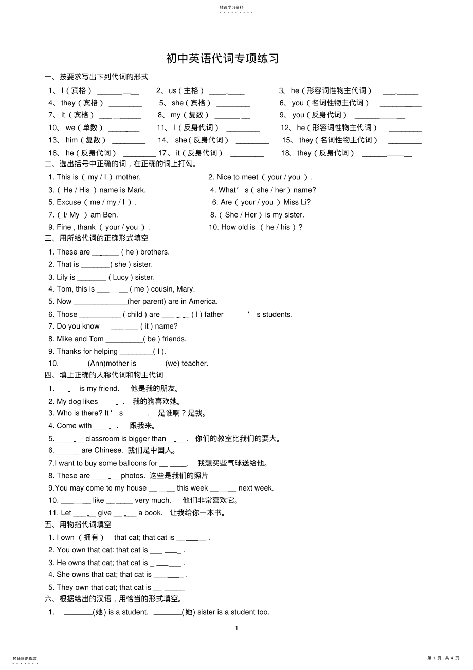 2022年初中英语代词专项练习 .pdf_第1页