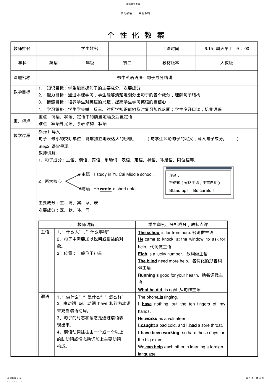 2022年初中英语语法-句子成分精讲个性化教案 .pdf_第1页