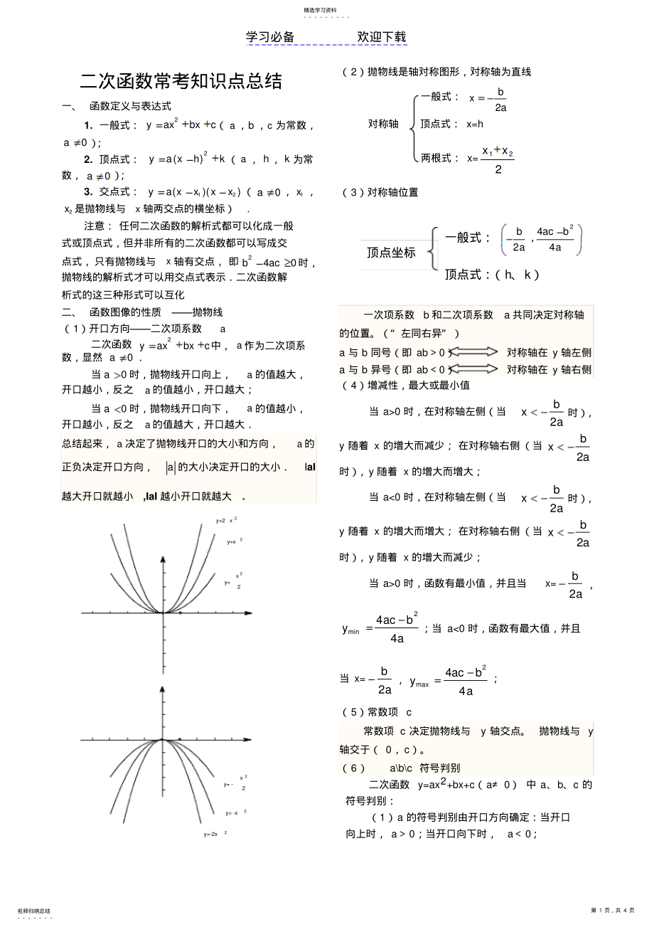 2022年初中二次函数常考知识点总结 .pdf_第1页