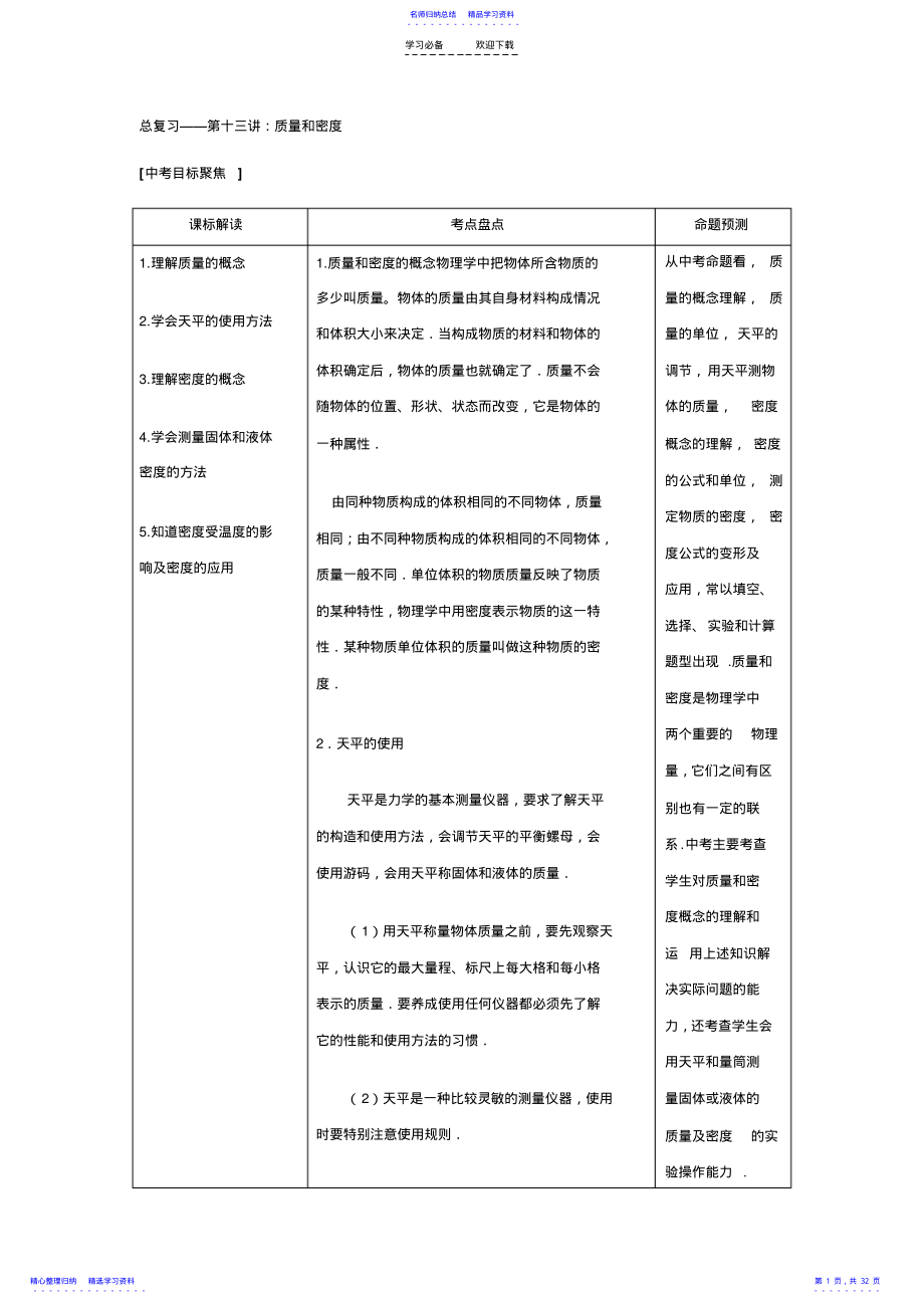 2022年初三总复习专题总复习第十三讲质量和密度 .pdf_第1页