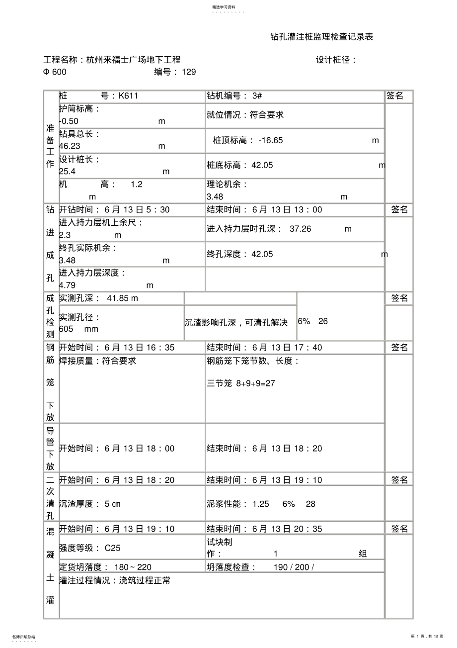 2022年钻孔灌注桩旁站记录表 .pdf_第1页