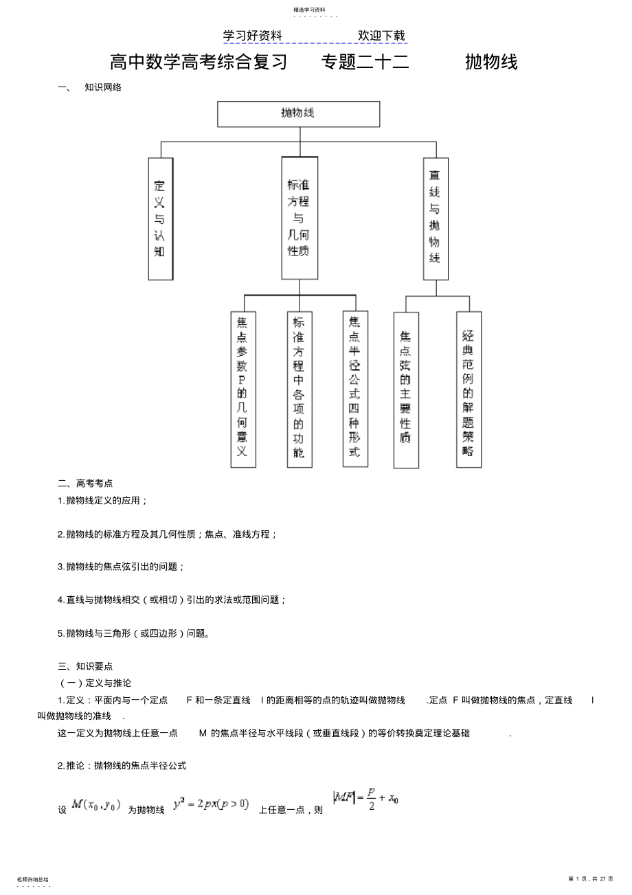 2022年北京四中高中数学高考综合复习专题二十二抛物线 .pdf_第1页