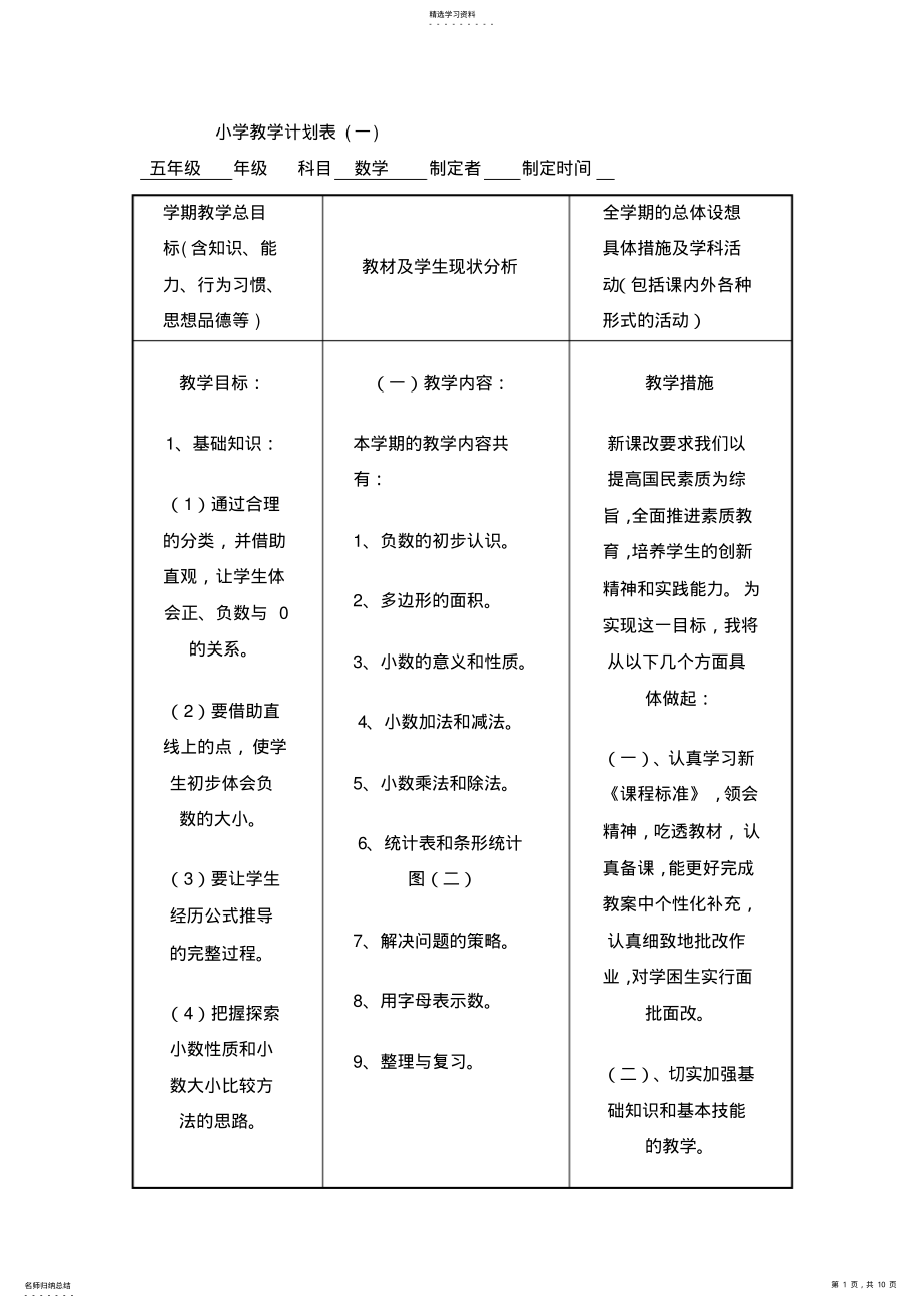 2022年苏教版小学五年级数学上册教学计划 .pdf_第1页