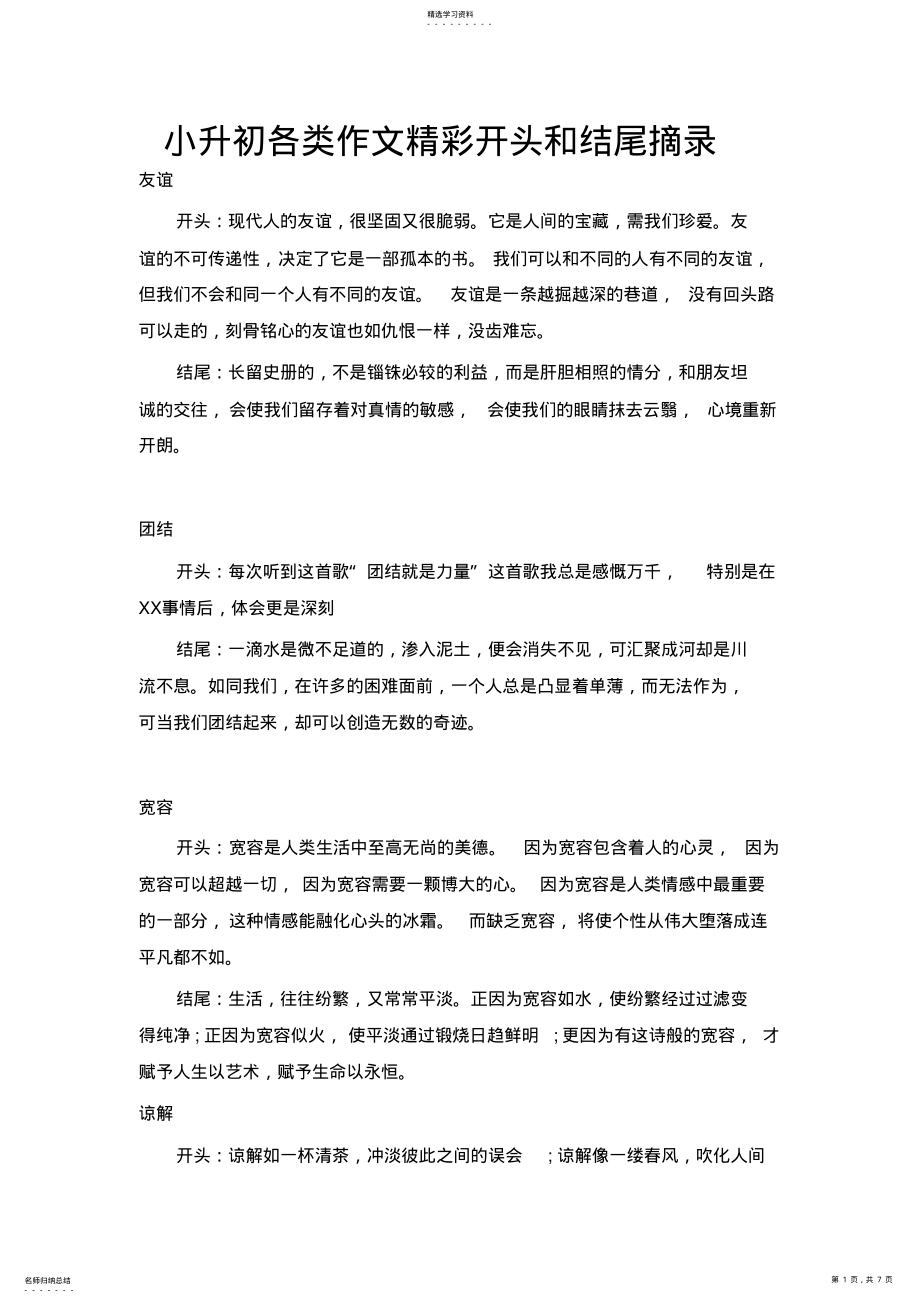 2022年小升初各类作文精彩开头和结尾摘录 .pdf_第1页