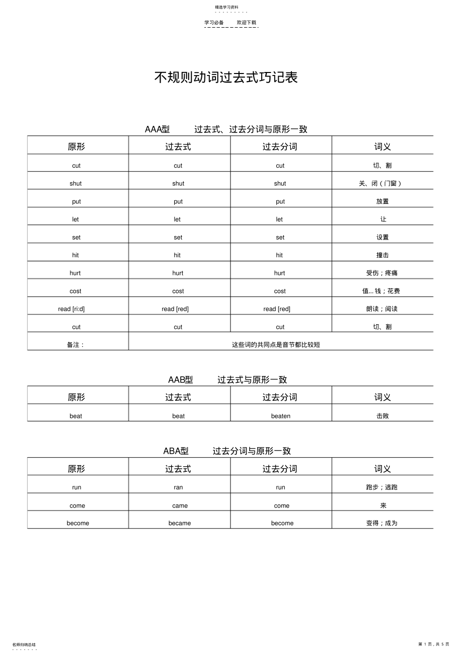 2022年英语不规则动词过去式巧记表 .pdf_第1页